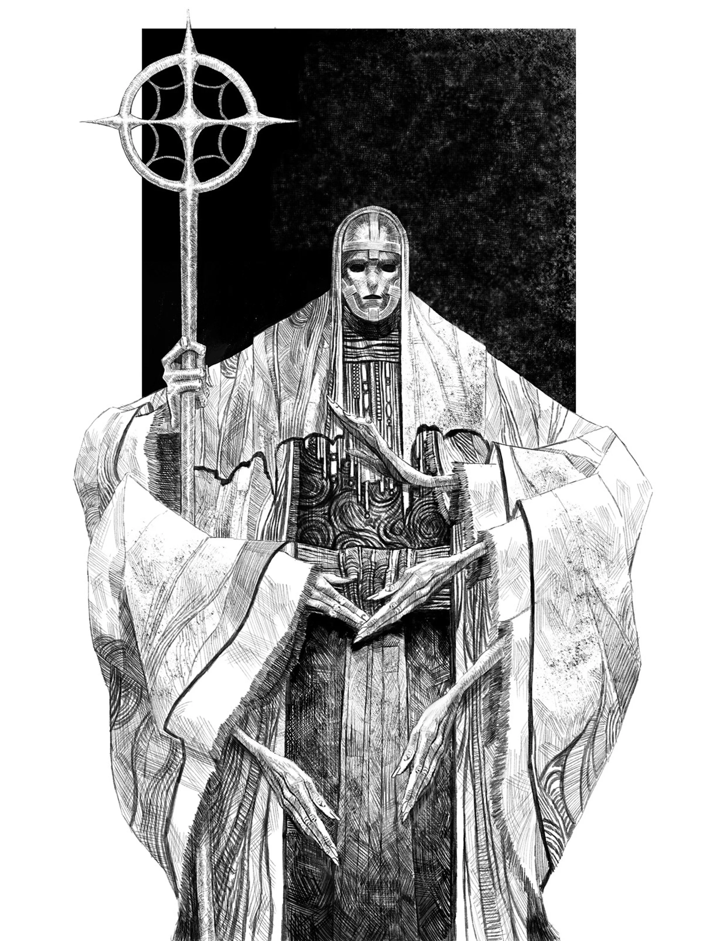 A black and white illustration of a figure wearing a mask and robes, holding a staff with a circular top, with hands forming a geometric shape in front of the body.