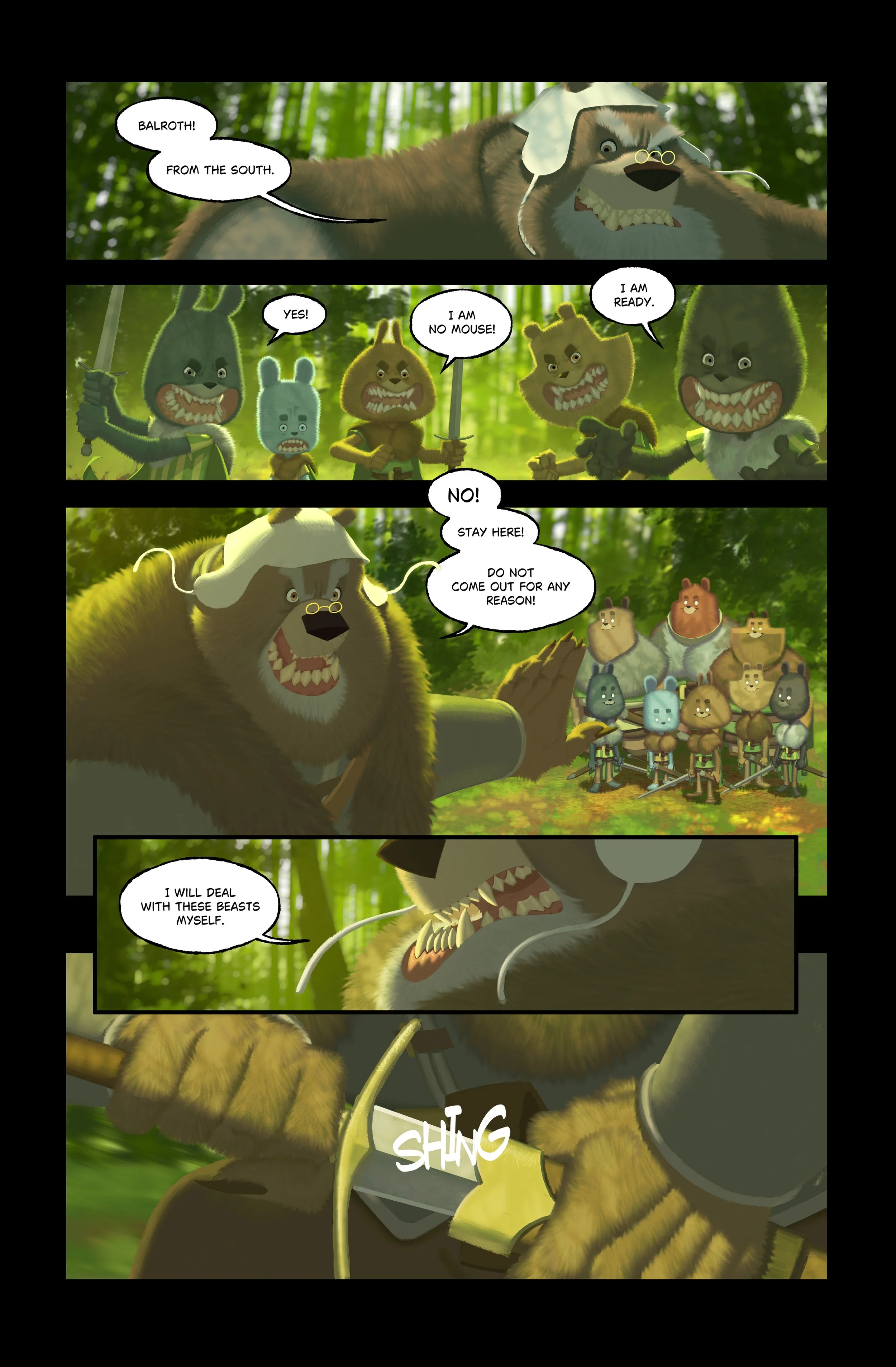 Animated scene of anthropomorphic animals in a forest, with a lion-like character in a helmet and glasses addressing a group, including rabbits, bears, and wolves, in a military-style setting, with dialogue in speech bubbles.