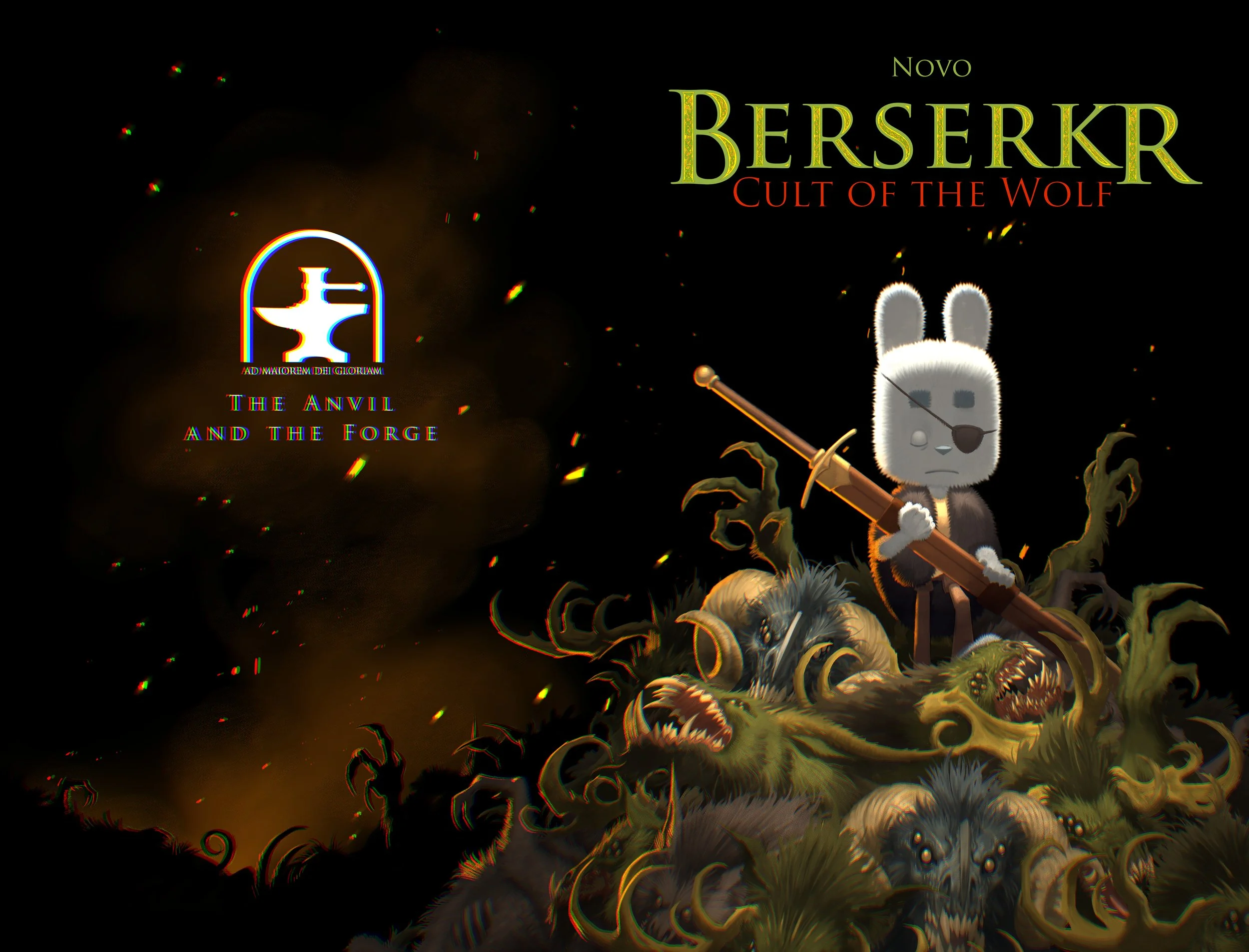 Fantasy game cover art featuring an anthropomorphic rabbit with an eye patch and a sword, standing on a pile of monstrous creatures with glowing eyes, under a dark background with floating particles and the title "Berserkr: Cult of the Wolf" at the top.