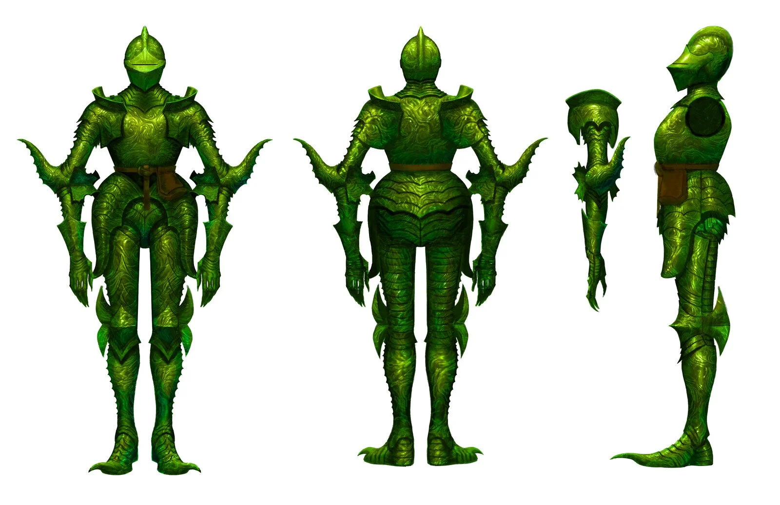 Fictional green armored creature with dragon-like scales and spikes, shown from front, back, and side views.