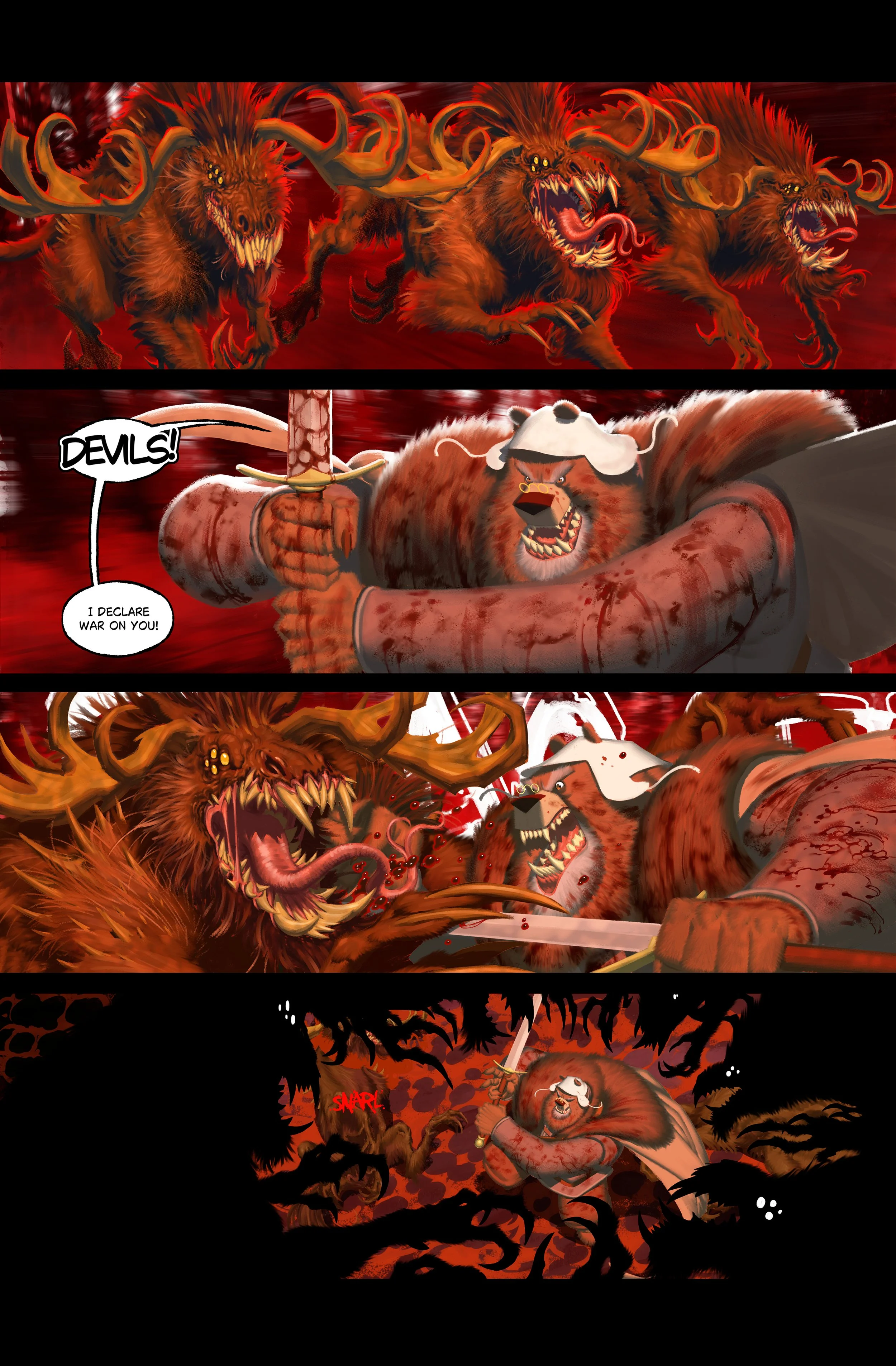 Group of fierce, bloodied bears fighting a large, monstrous wolf with antlers in a fiery red background, with one bear declaring war on the wolves.