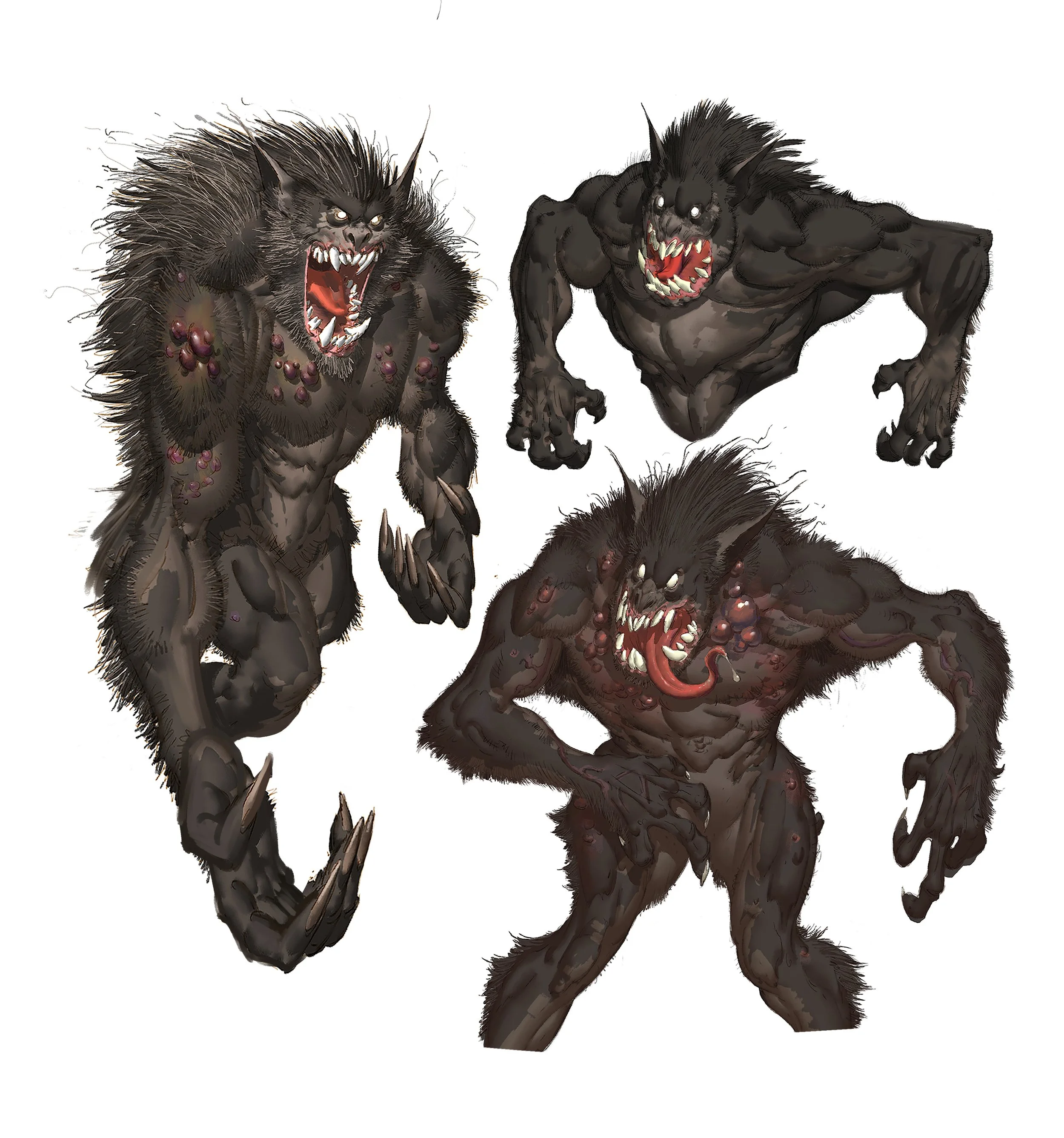 Three monstrous creatures with black fur, sharp claws, and snarling faces, resembling werewolf-like demons, shown in aggressive poses.