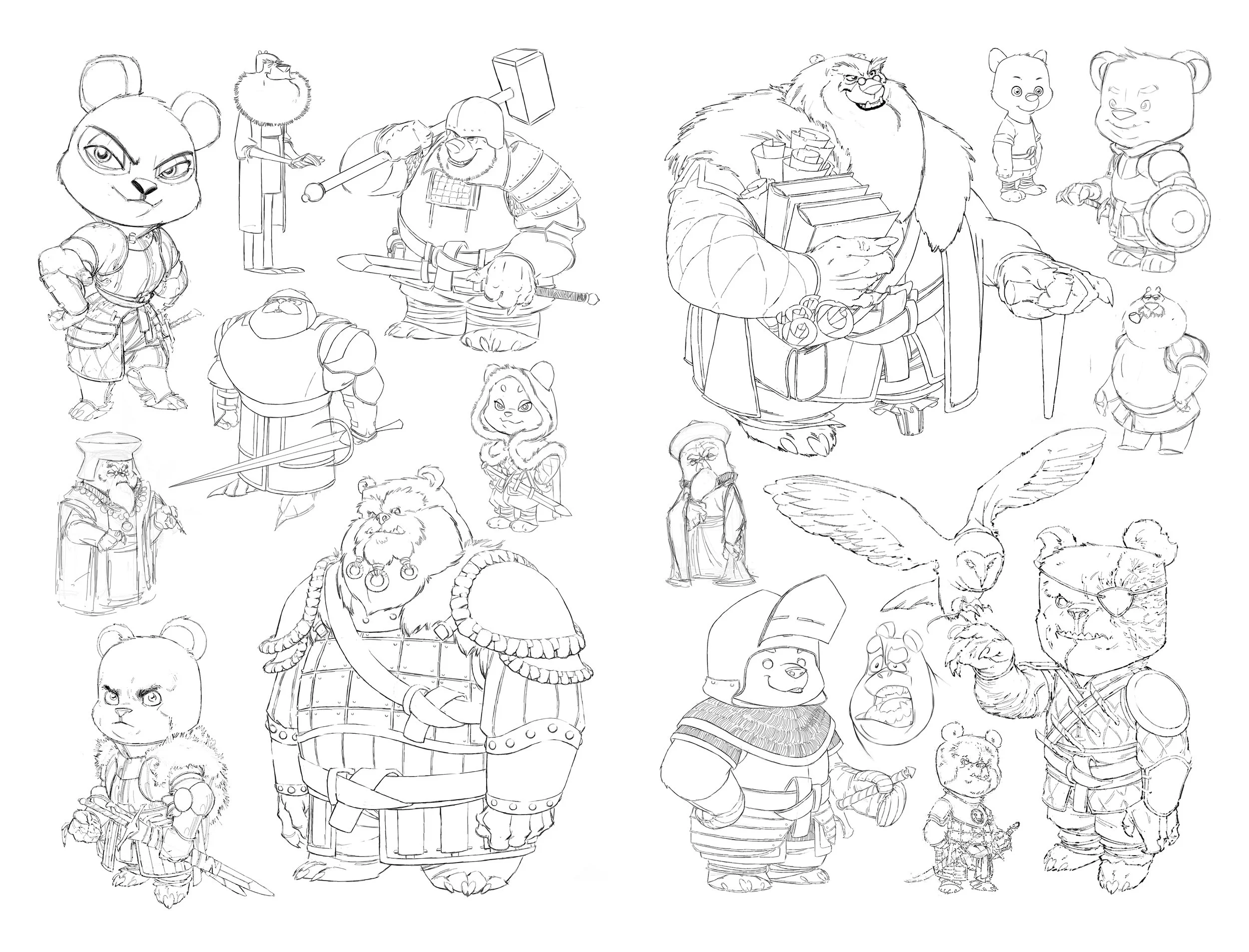 A collection of line art illustrations of anthropomorphic animals in medieval or fantasy costumes, including bears, lions, owls, and other creatures, each with unique weapons and accessories, some standing, some in action poses.