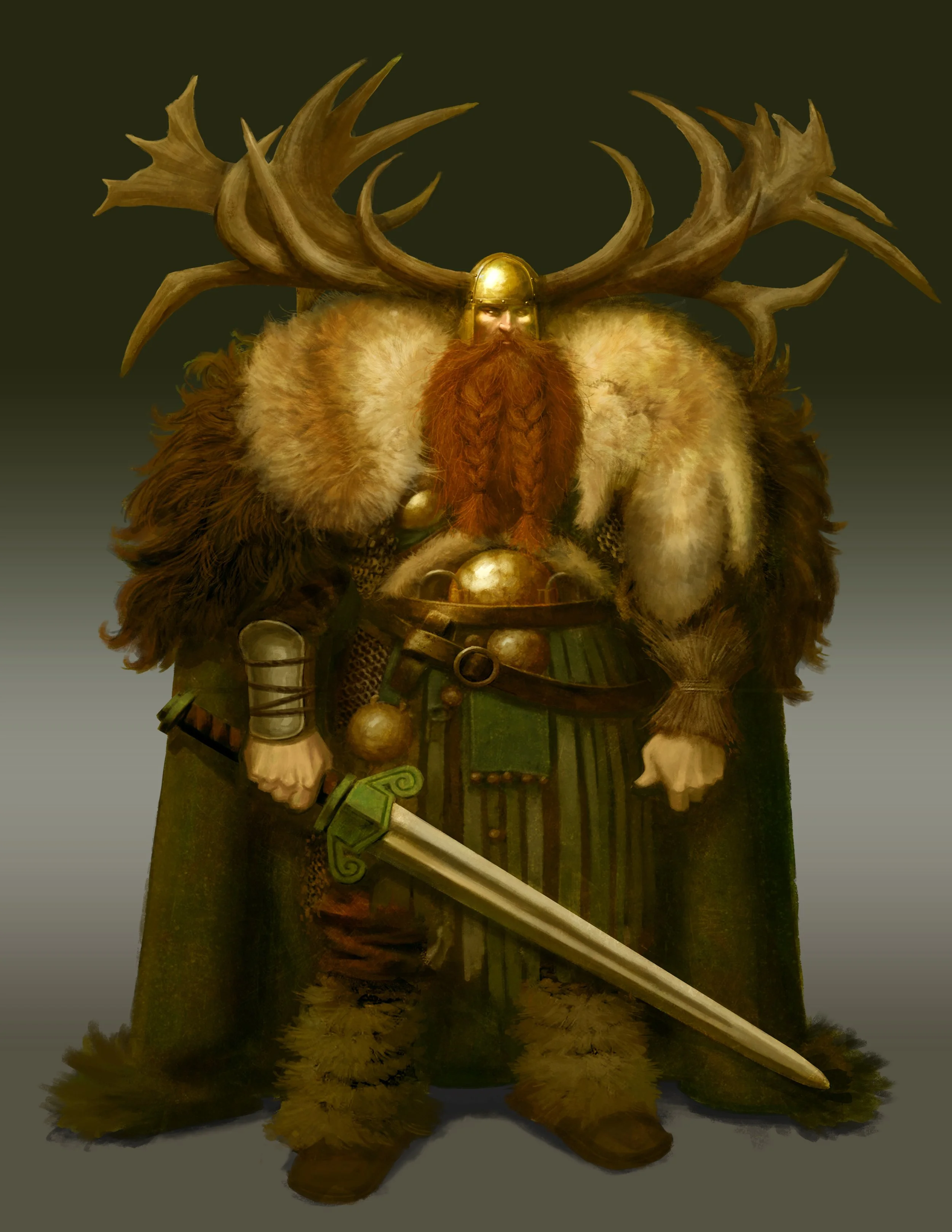 A detailed digital painting of a Viking warrior with a large green cape, wearing a golden helmet and with a long red beard, holding a sword, and with antlered helmet resembling a stag in the background.