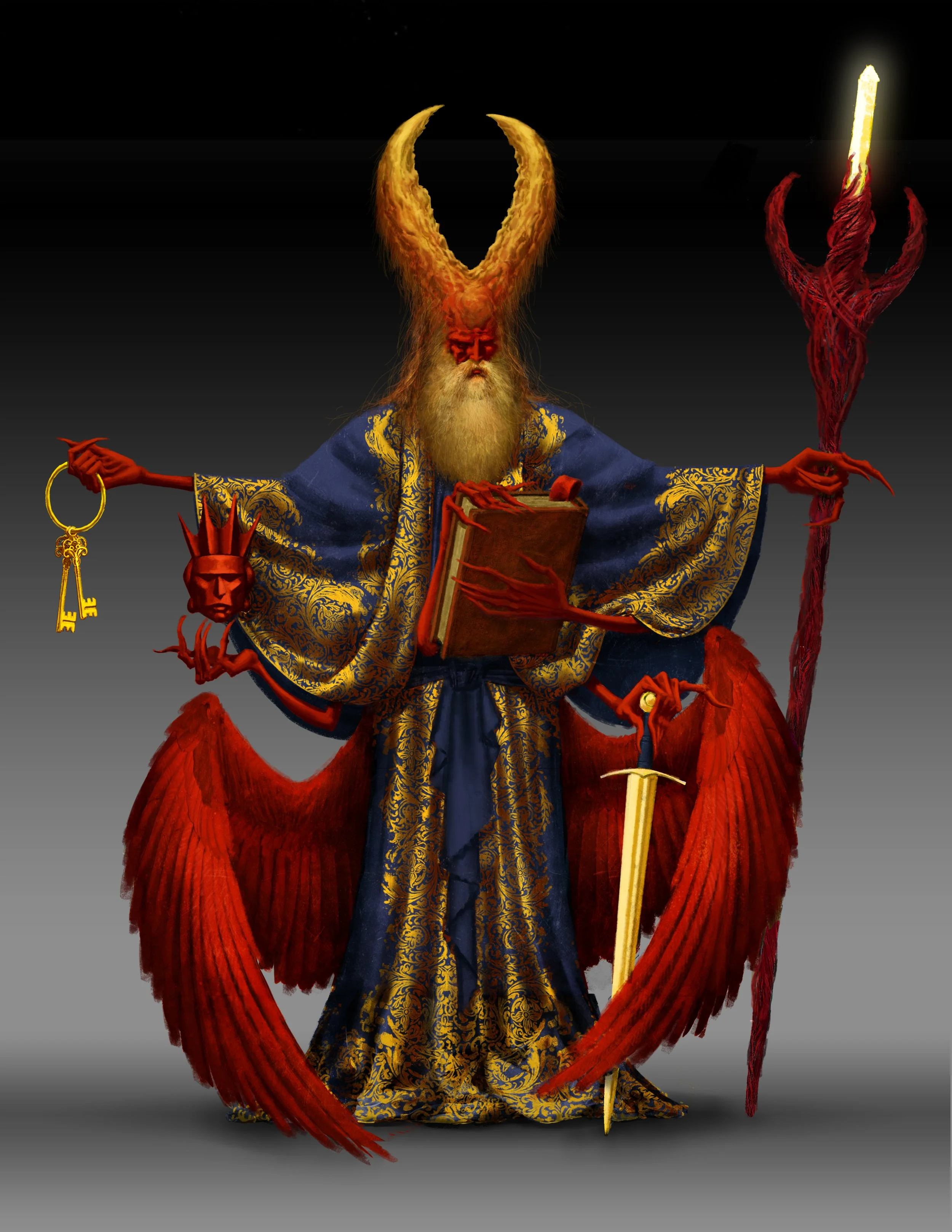 A fantasy illustration of a regal figure resembling a demon king with large curved horns, a long beard, and red skin. The figure wears an ornate blue and gold robe, holds a book in one hand, a sword in the other, and has multiple mystical and symbolic items, including a staff with a glowing flame, a mask, and a key, with large red wings.