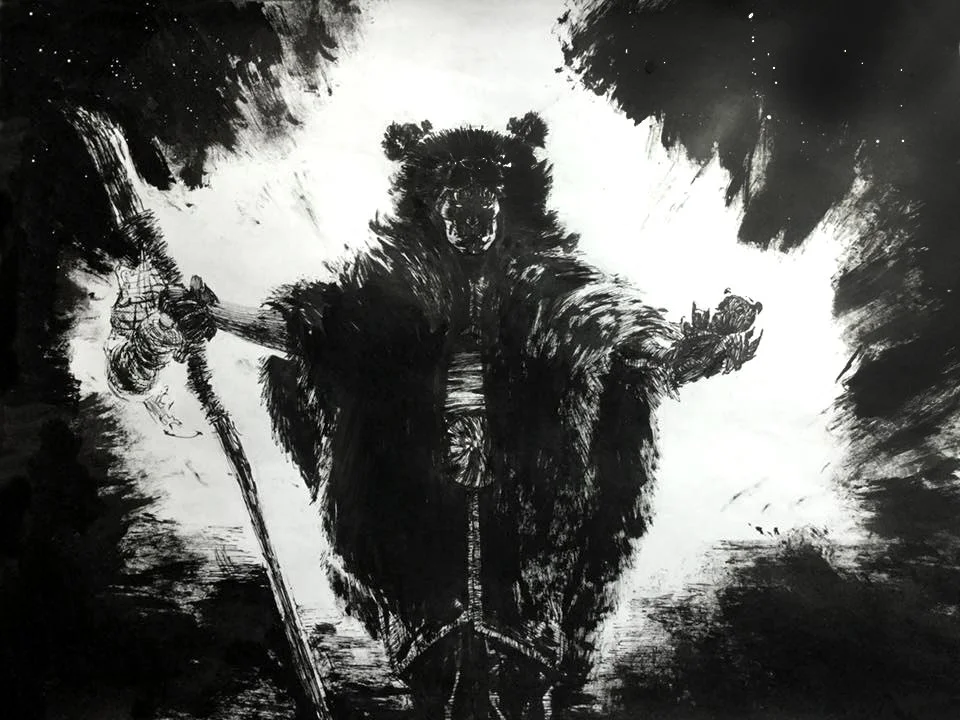 A black and white ink illustration of a figure in a fur cloak holding a staff, with a dark and abstract background.