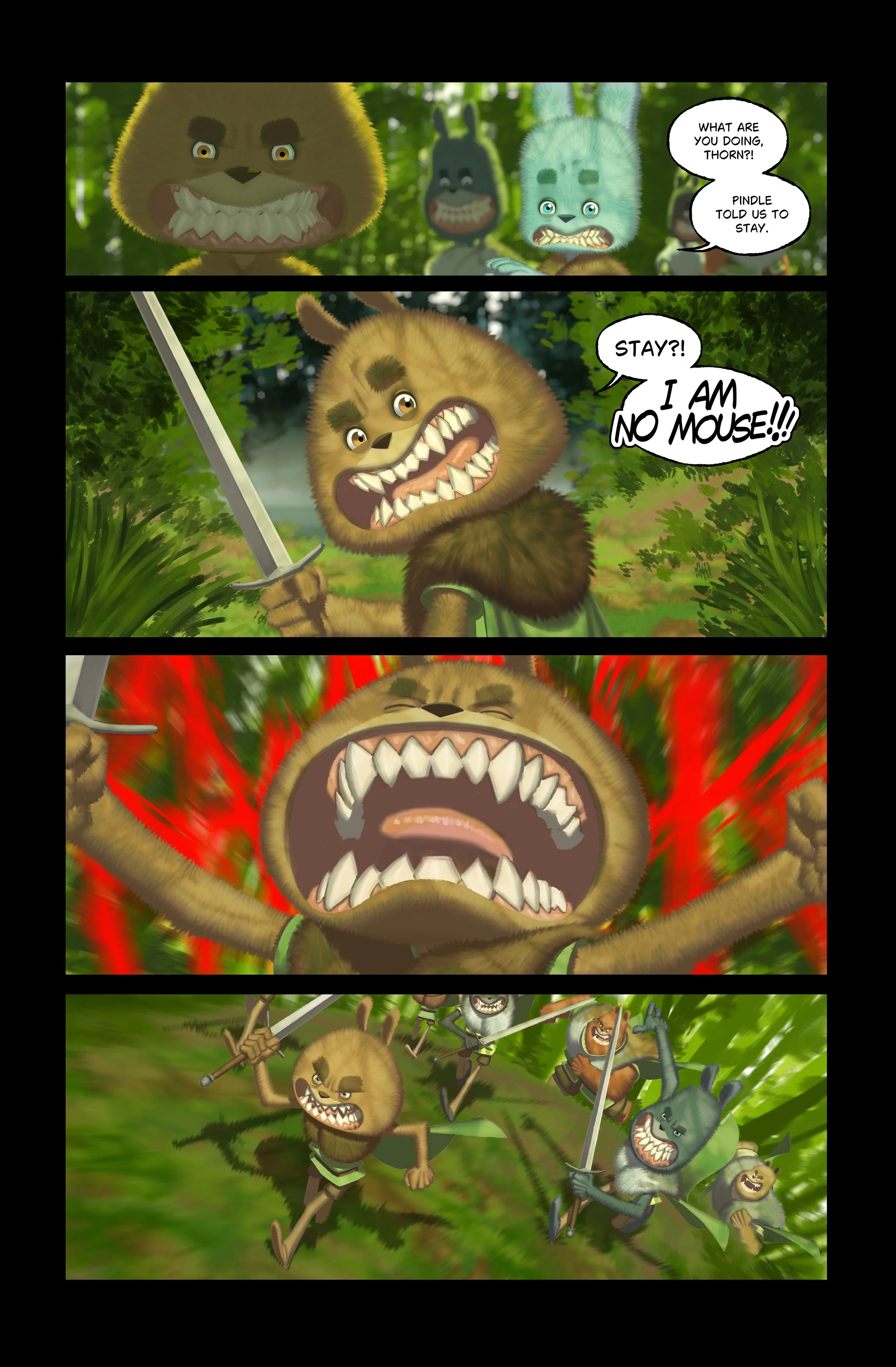 A cartoon scene of animated animals, including lions and rabbits, in a forest setting with a humorous and chaotic story of a lion declaring he is not a mouse and fighting back with a group of small armed animals.