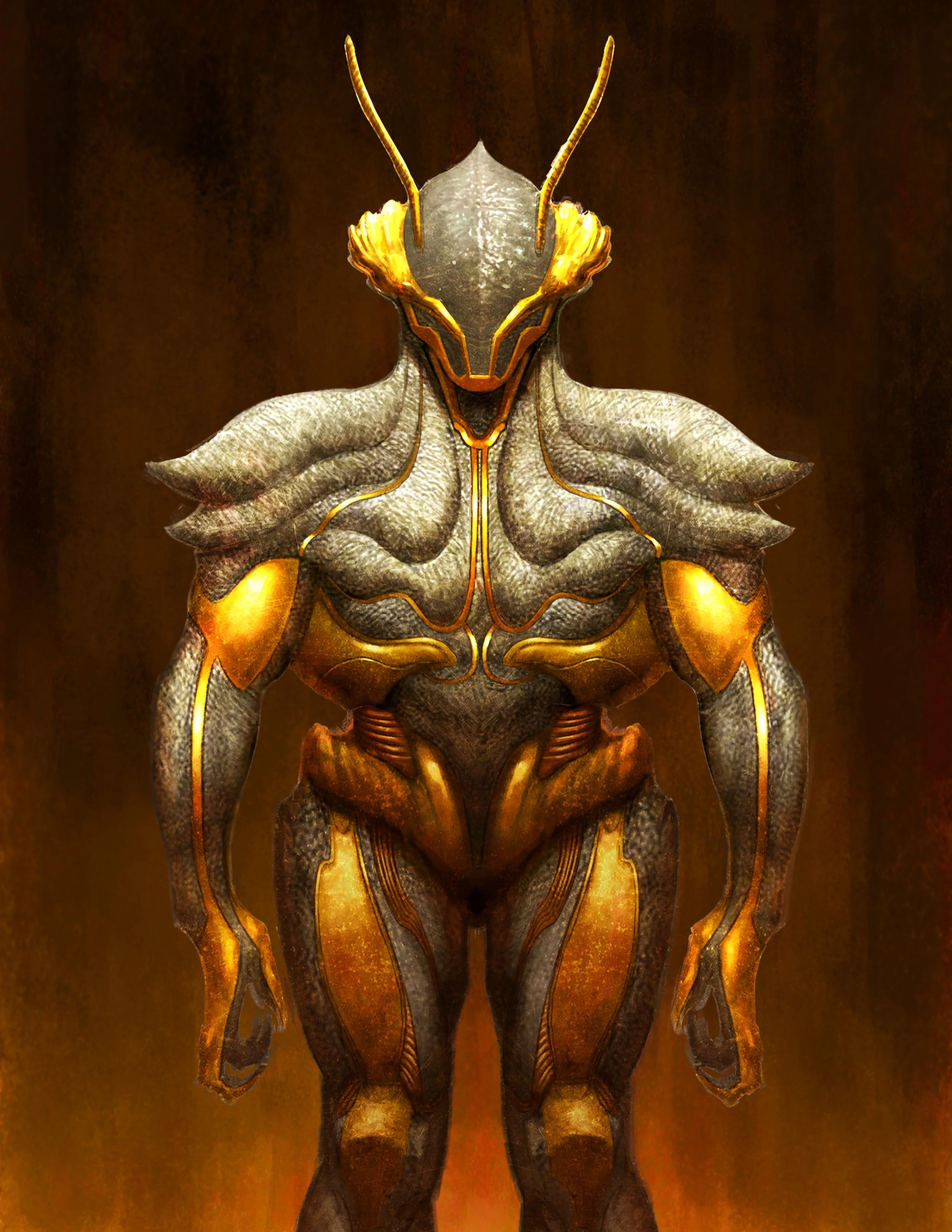 Futuristic armored humanoid character with insect-like features, gold and gray armor, and antennae on the head, standing against a dark reddish-brown background.