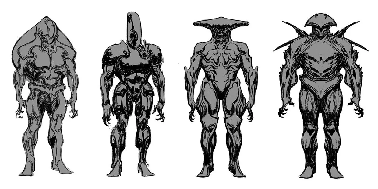 Four black and gray concept art sketches of monstrous, humanoid creatures with muscular builds, various armor and headpieces, standing side by side.