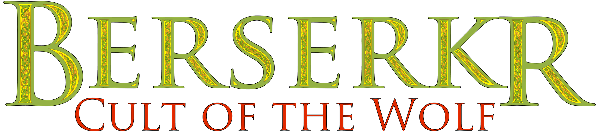 Logo for the book 'Berserk: Cult of the Wolf' with decorative green and yellow text for 'Berserk' and red text for 'Cult of the Wolf'.