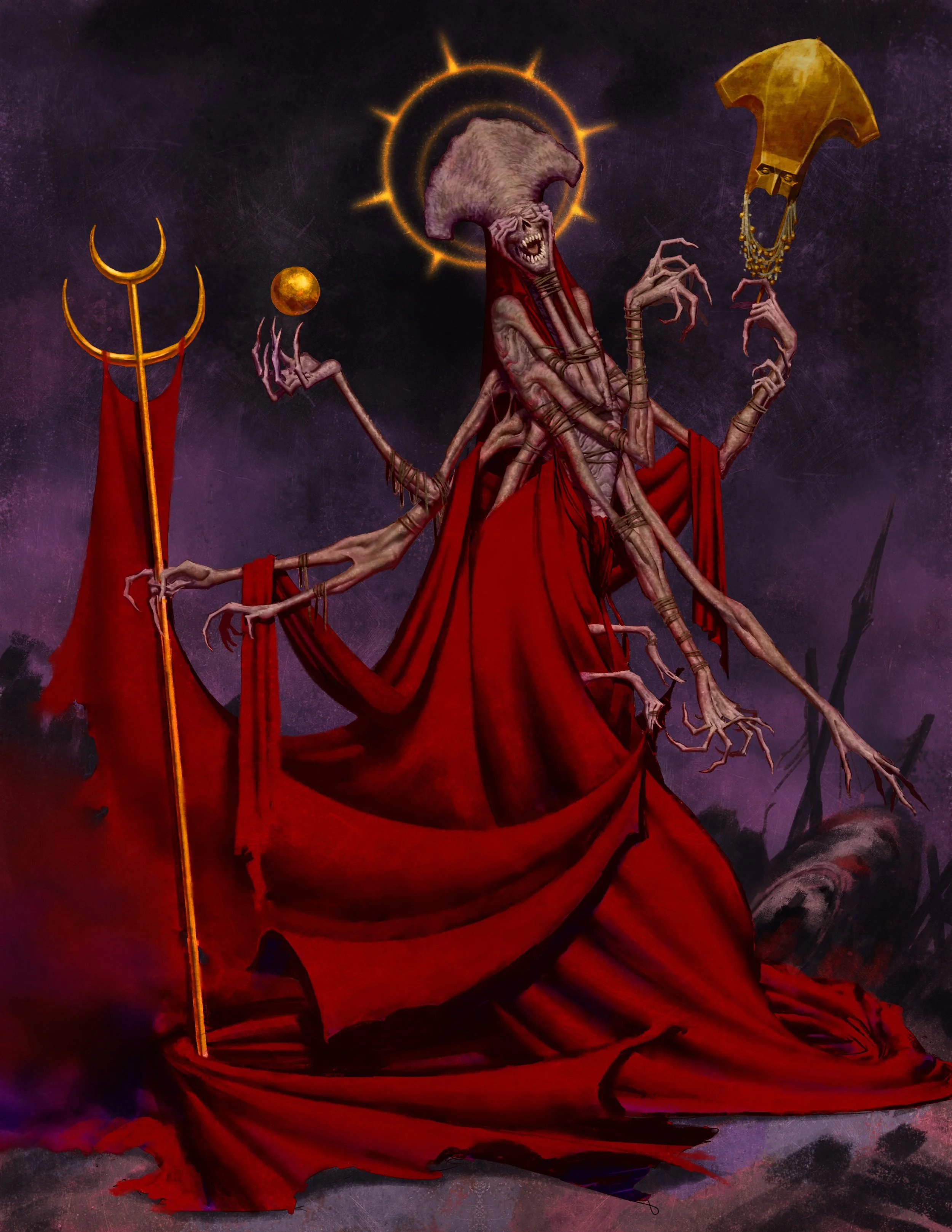 A dark, otherworldly figure resembling a demon or god, with a skeletal humanoid body and multiple arms, draped in a flowing red garment. It has a grotesque, animal-like face and is set against a dark, stormy background with purple and black hues. It holds a staff with a crescent moon, a small glowing orb, and a large golden helmet.