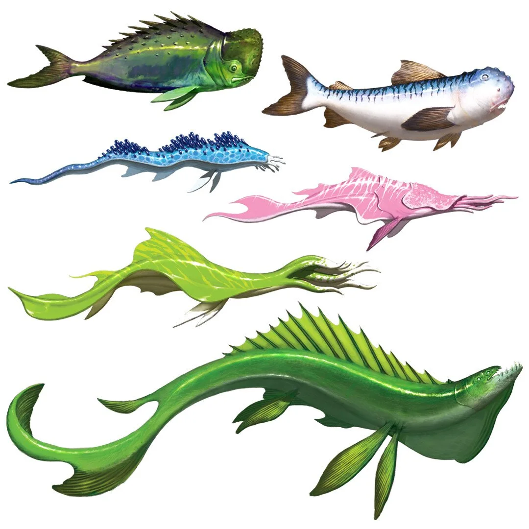 Illustration of seven different types of deep-sea fish with various shapes and colors.