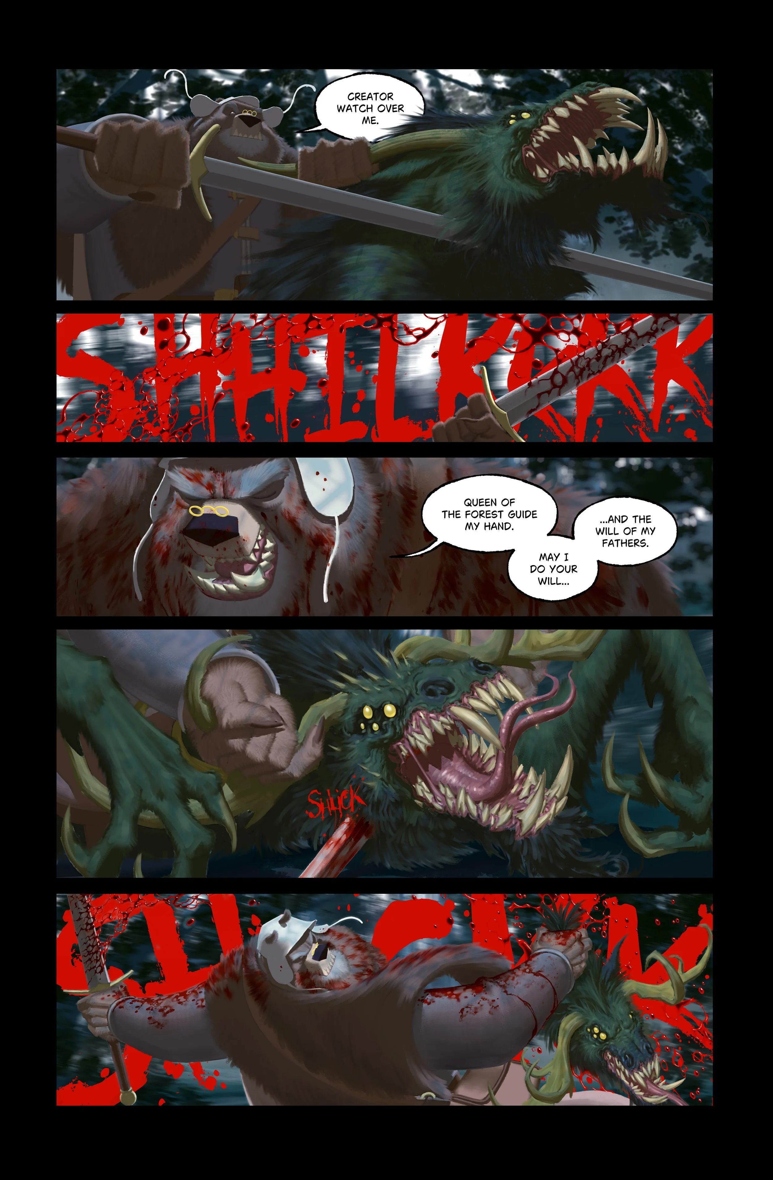 A comic strip depicting a fierce battle between two anthropomorphic animal characters, a bear and a wolf, with violent imagery and blood. The bear challenges the wolf, claiming to be the creator's watchful eye, and then slaughters the wolf, proclaiming sovereignty and divine authority.