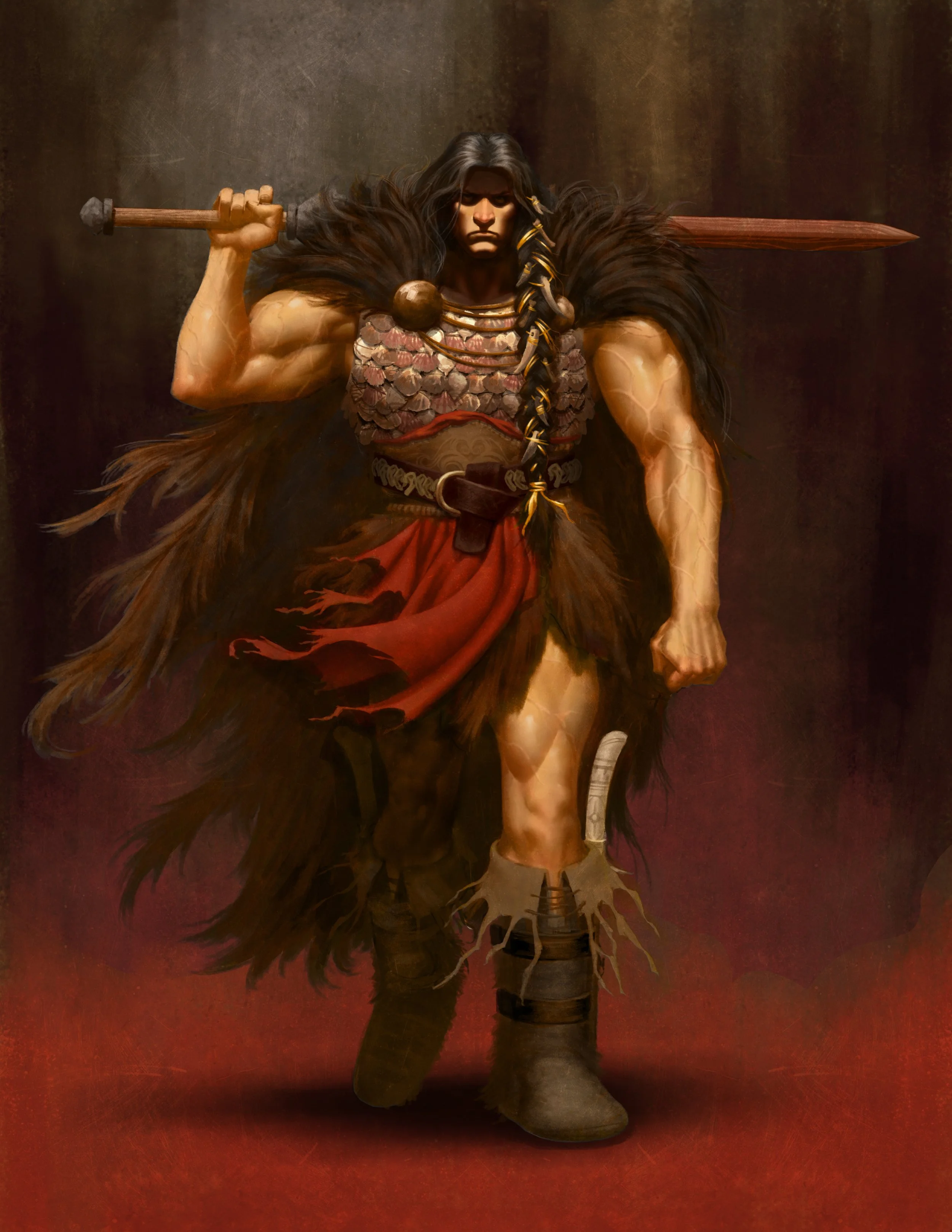 A digitally painted warrior woman with long black hair, muscular arms, wearing armor made of scales and fur, holding a spear over her shoulder, against a dark red background.