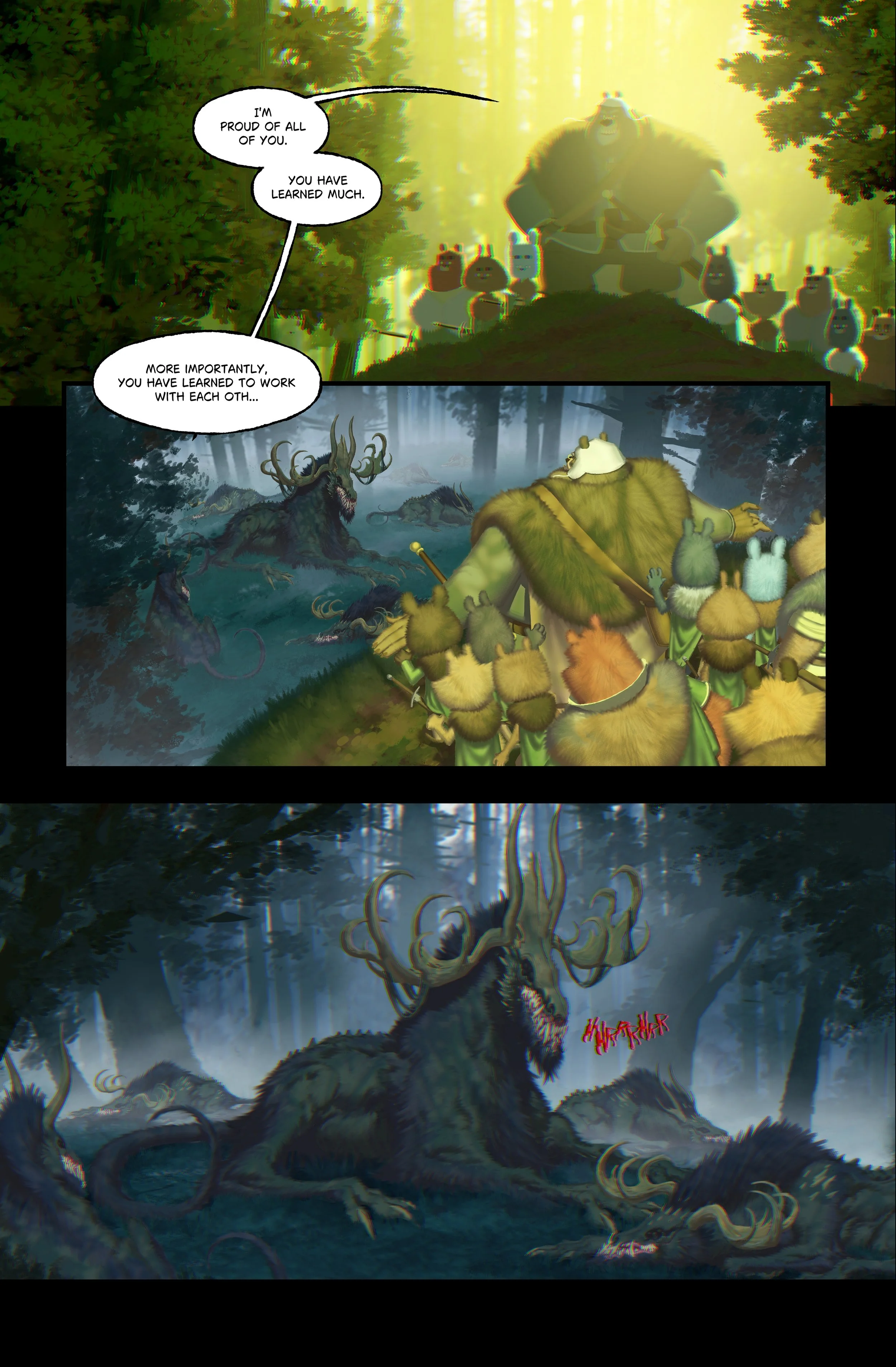 Comic strip showing a meeting of woodland creatures, with a central figure speaking praise to a group, then transitioning to a dark, eerie forest scene with a monstrous creature and dead animals.