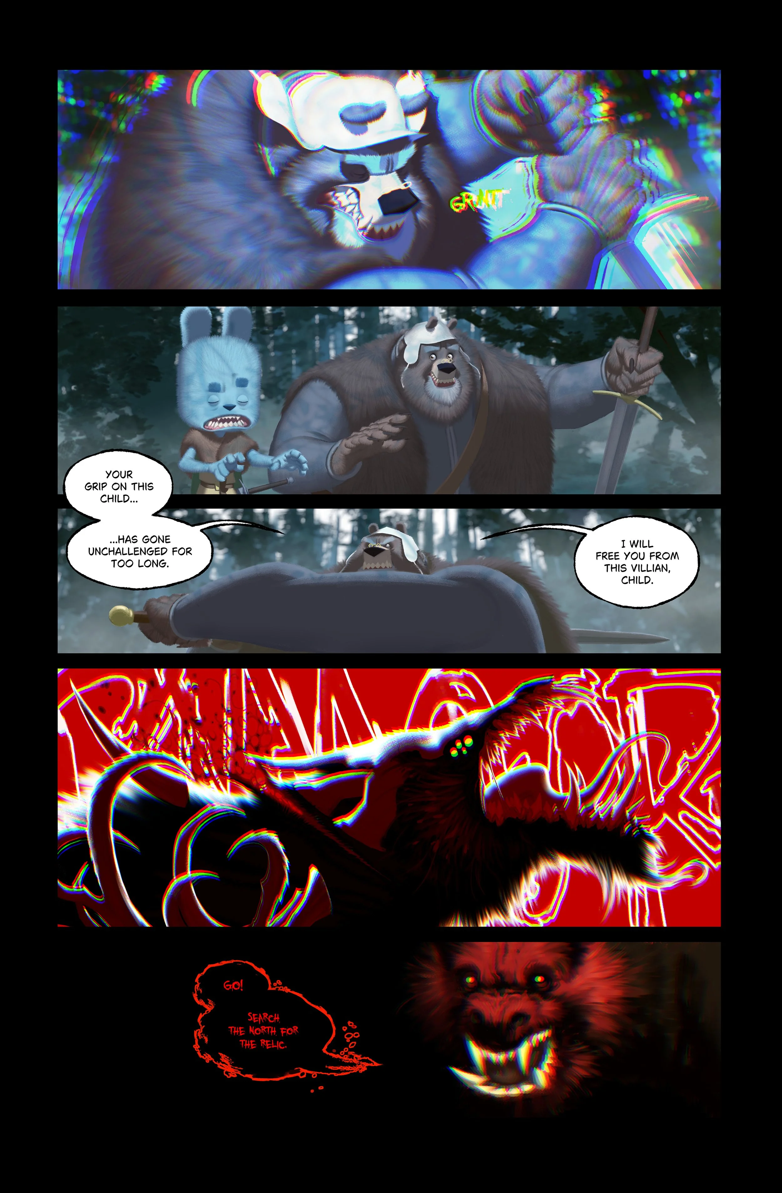 The comic depicts a battle scene with animated characters, including a wolf in a mask, a blue rabbit, and a large bear warrior. The wolf attacks with a glitchy effect, and the bear vows to free a child from a villain. A fierce creature with glowing eyes and sharp teeth appears, while a dark wolf-like figure commands to search for a relic in a fiery, chaotic background.