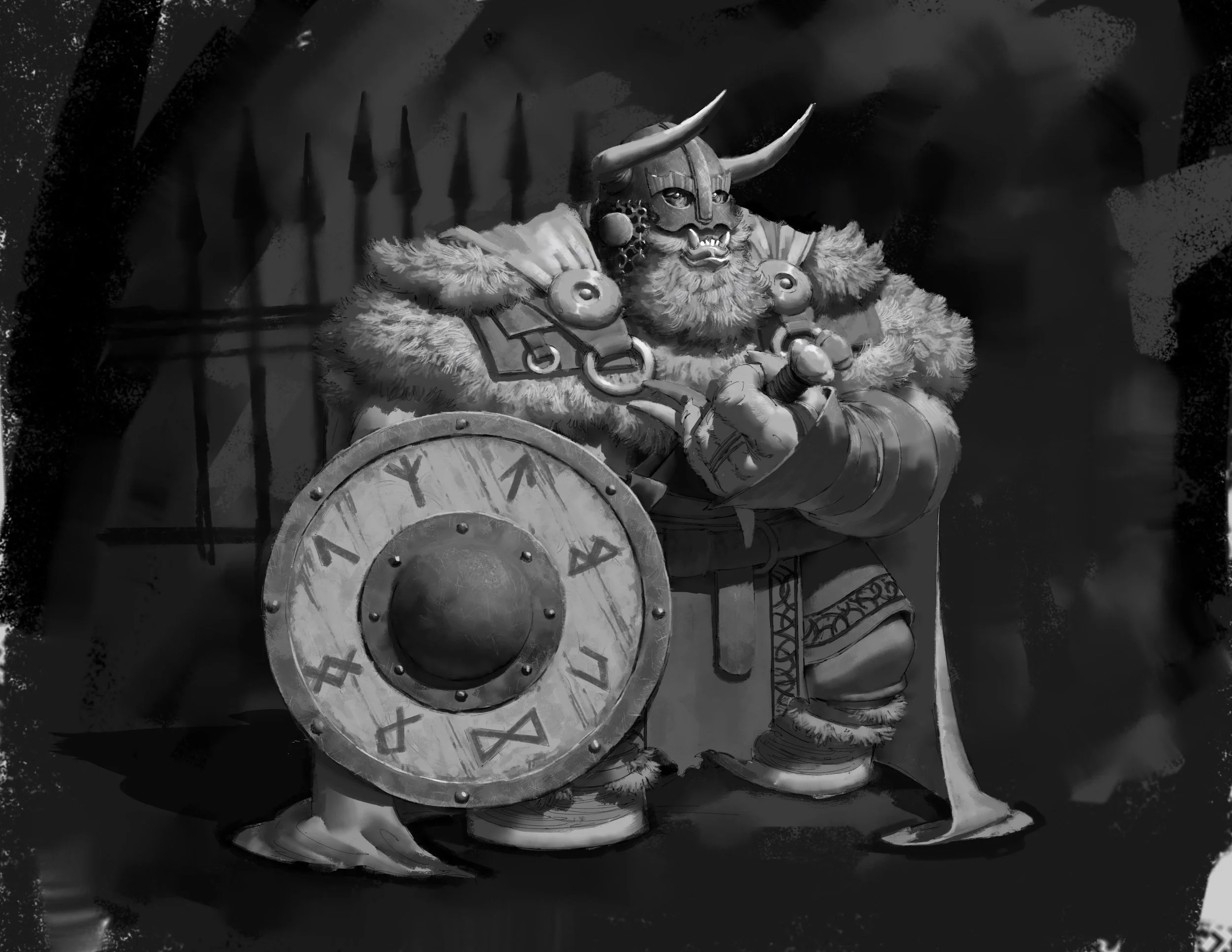 A warrior wearing Viking-style armor with horns on the helmet, a beard, and fur clothing, holding a sword in one hand and a round shield with Roman numerals in the other, standing in front of a dark background with wall spikes.