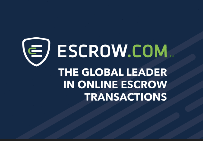Logo of escrow.com with text 'The global leader in online escrow transactions' on a dark blue background.