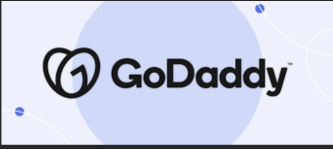 GoDaddy logo with black heart-shaped symbol and company name in black text on a light blue background.