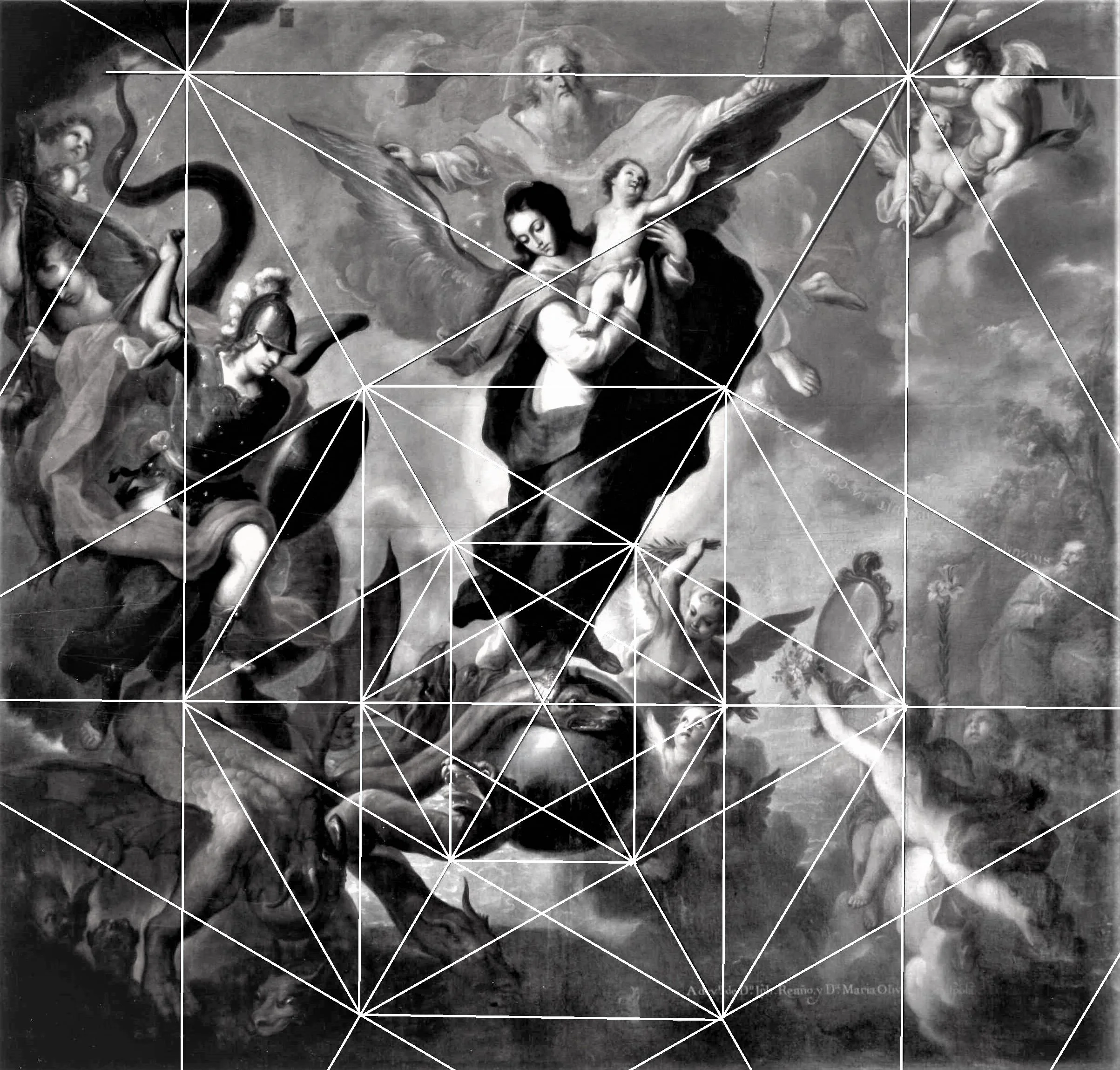 Black and white classical painting depicting a heavenly scene with angels, gods, and mythological figures amidst clouds, some holding weapons and banners, surrounded by cherubs and divine beings.