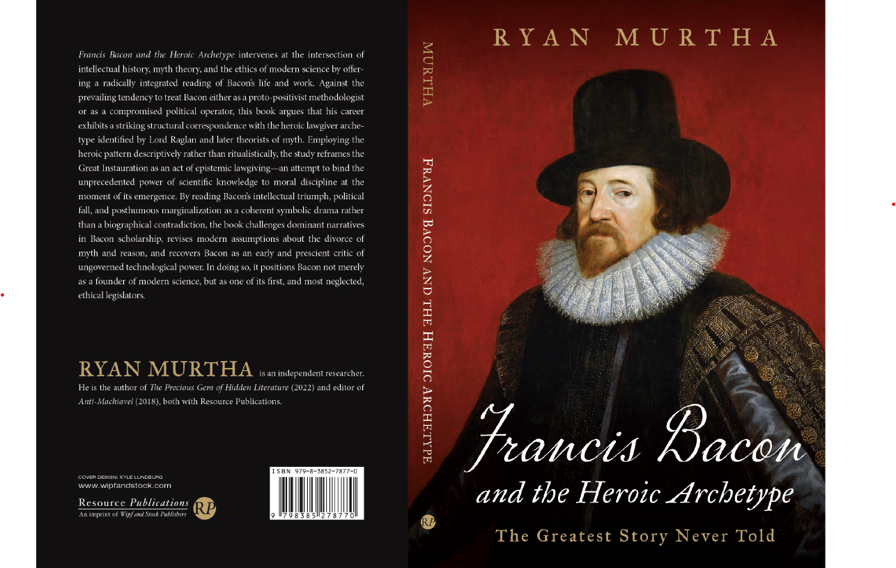 Book cover of rancis Bacon and the Heroic Archetypey Ryan Murtha, featuring a portrait of a man in historical attire with a ruffled collar and a black hat, set against a red background.