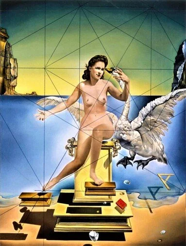 A mural depicts a woman with dark hair taking a selfie, seated on a pedestal, with a flying eagle and geometric shapes around her.