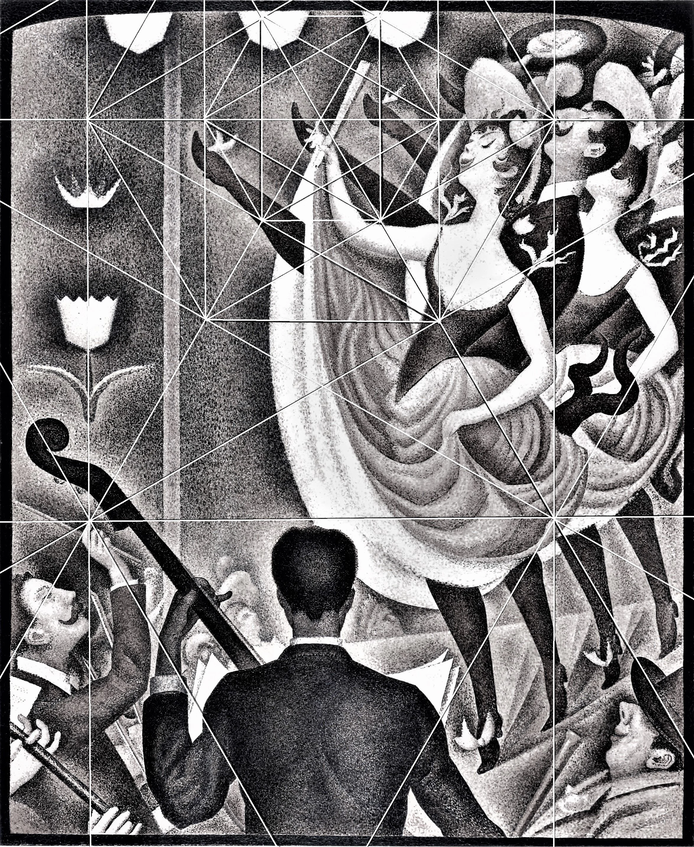 Black and white illustration of a man in a suit observing a mural with dancing women, musical notes, and abstract patterns.