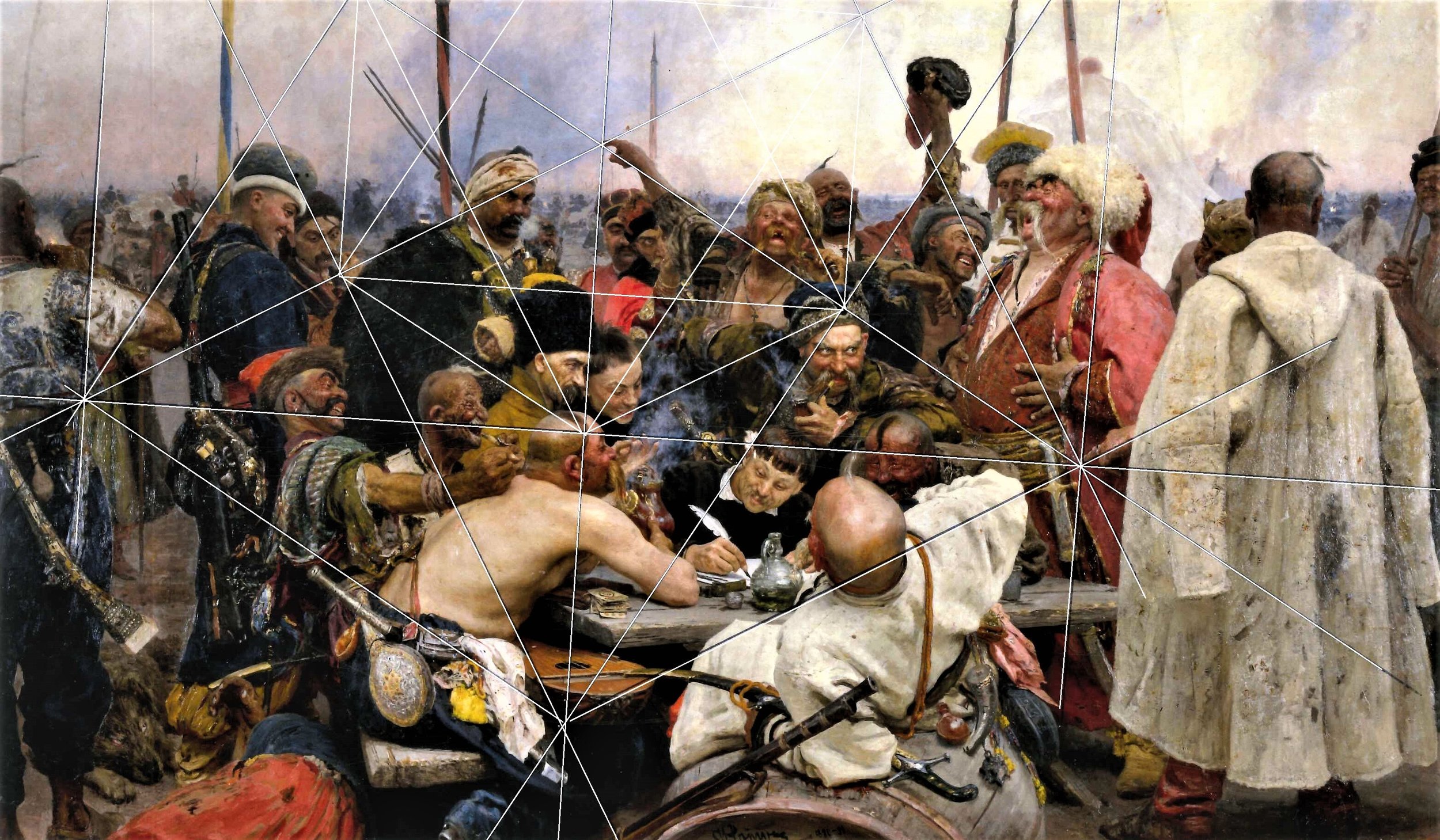 Painting of a lively scene with an assortment of men, some in historical costumes, gathered around a table outdoors with a background of a cloudy sky and soldiers with flags.