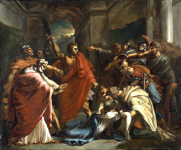 A classical painting depicting a dramatic scene with several figures, including a man in a red drape holding a sword, confronting a group of other men, some with weapons. A woman is in a white dress on the ground, and a dog is also present. The setting appears to be an architectural interior with a view of a landscape through a doorway.
