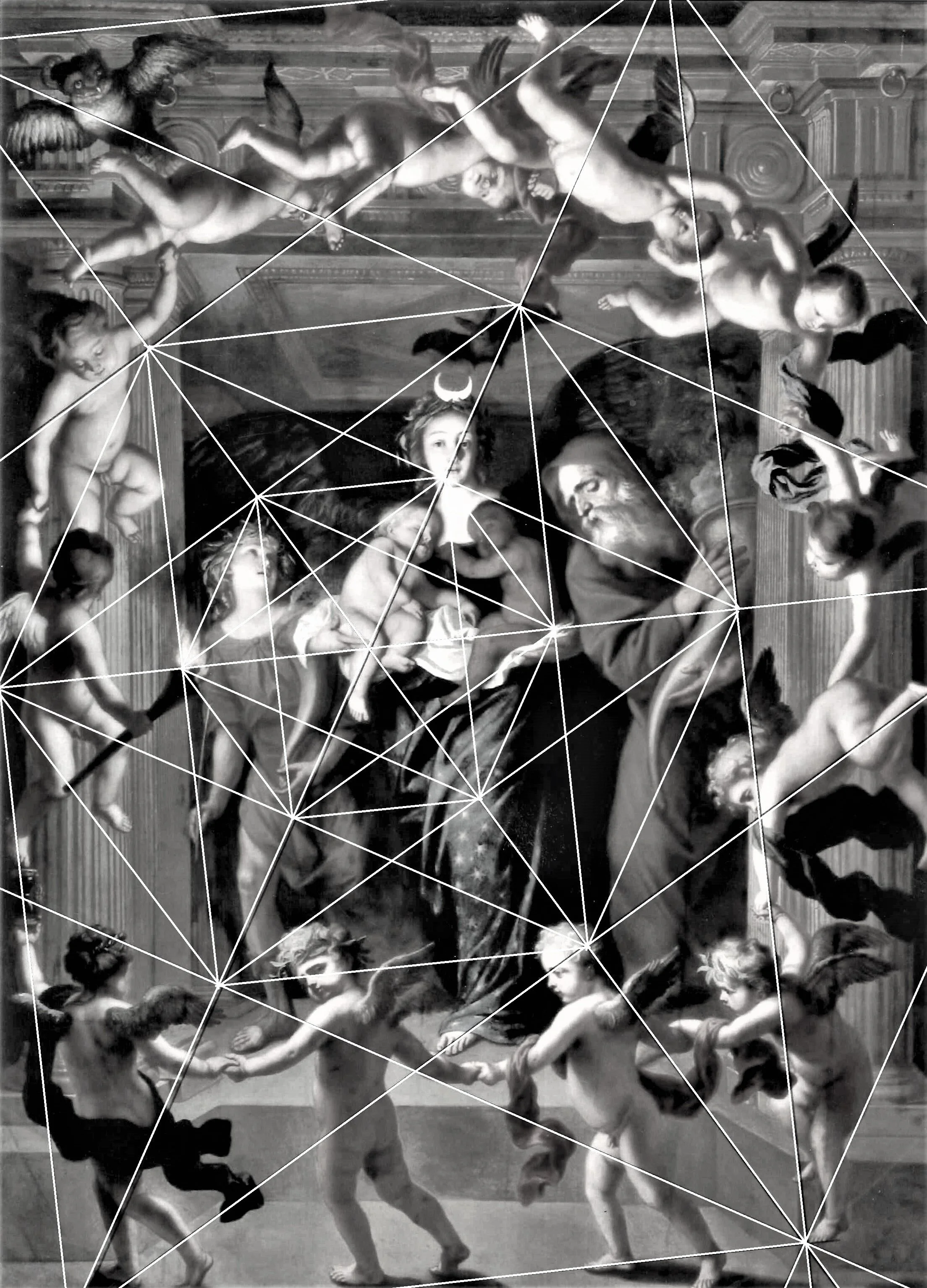 A classical painting depicting the Nativity scene with Mary, Joseph, baby Jesus, angels, and other figures, overlaid with geometric lines.