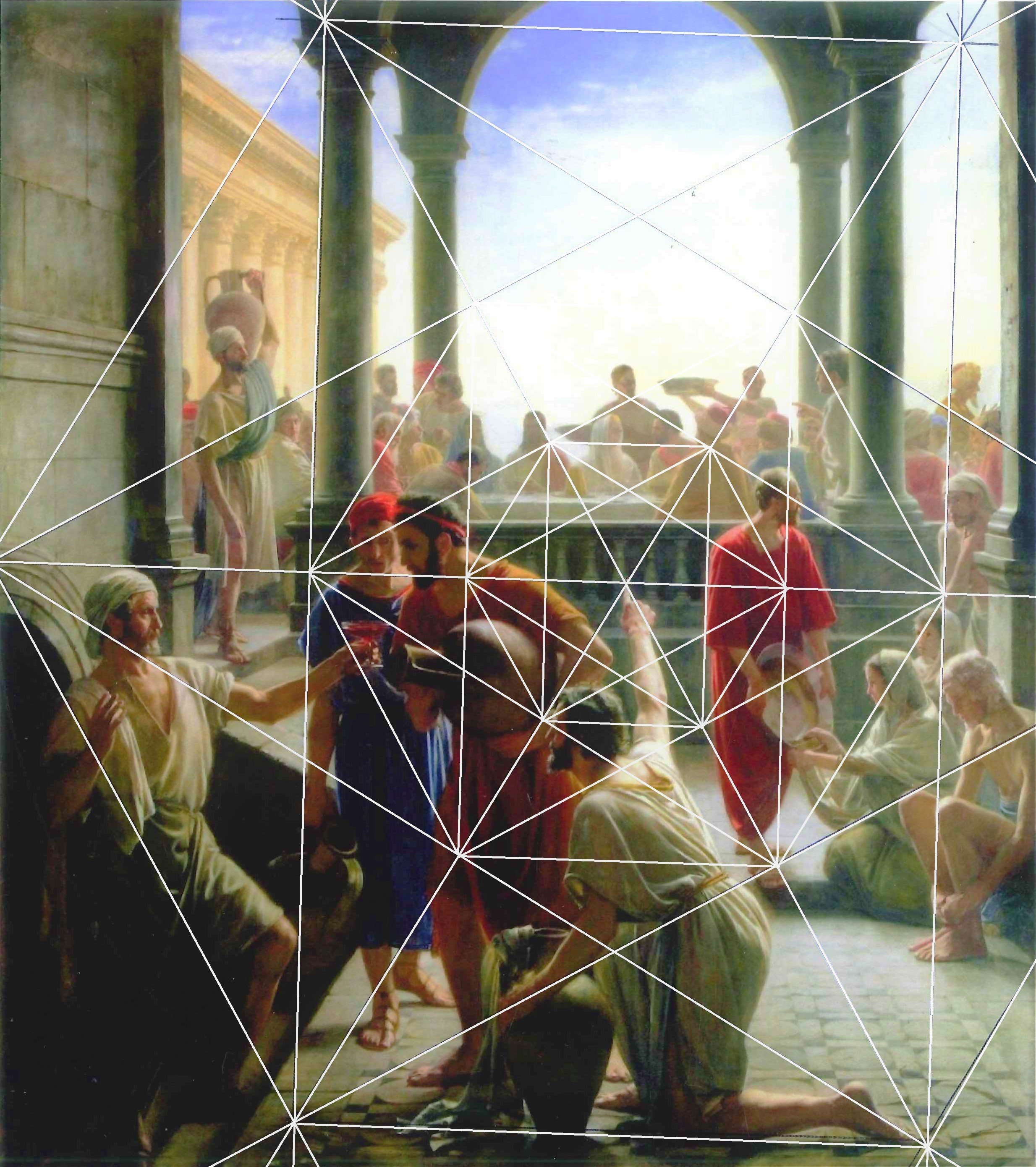 A historical painting depicting a scene of people gathered in an ancient Roman setting, with some figures engaged in a discussion or activity, and others observing, illuminated by natural light from large arches.