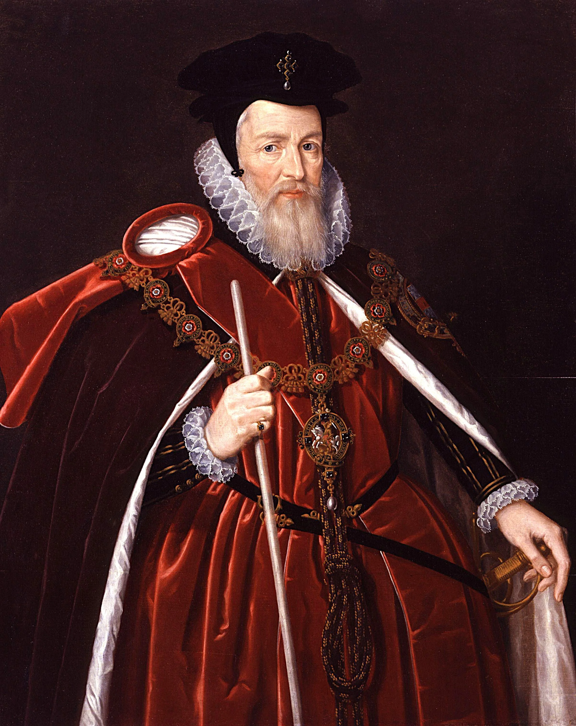 Painting of a regal man dressed in historical royal attire, wearing a red robe with black details and a large black hat, holding a cane in one hand and a scepter in the other.