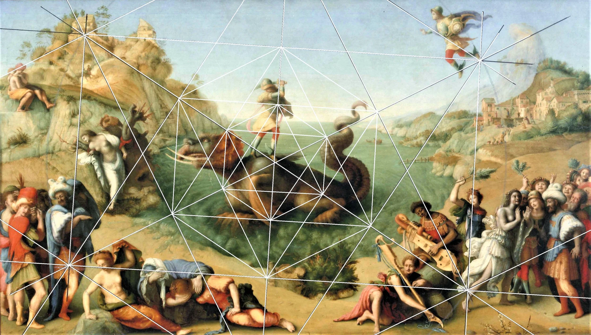 A historical painting depicting a biblical scene with multiple figures, some with animals, set against a landscape background with hills and buildings, overlaid with white geometric lines connecting various points.