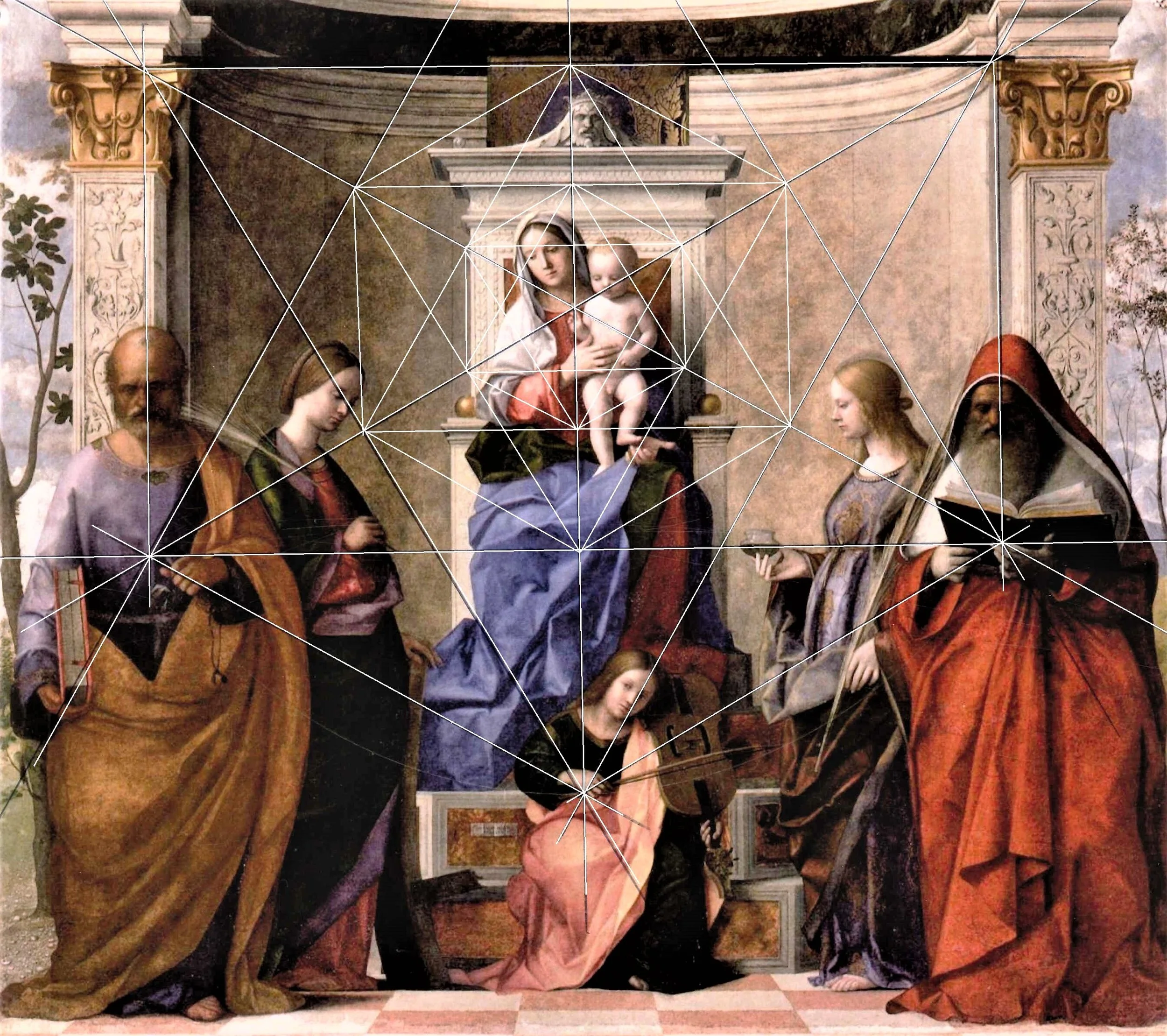 A painting depicting the Madonna and Child surrounded by six saints, set against a classical background with columns and trees.