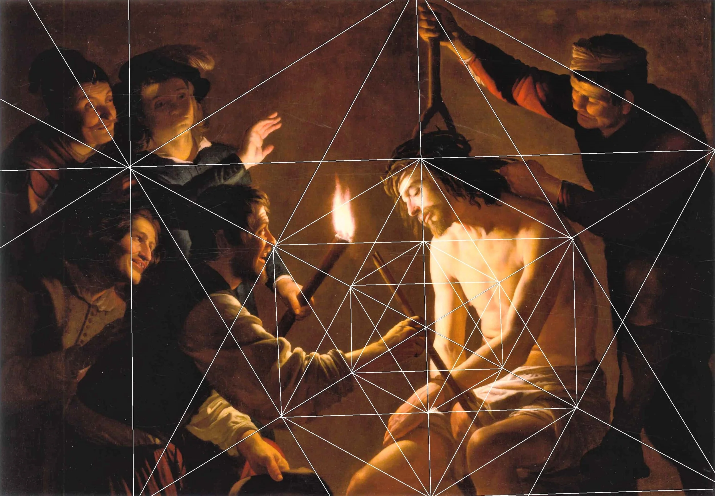 A painting of the last supper, with Jesus Christ at the center surrounded by his disciples, some of whom are reaching out or looking at him. The scene is illuminated by a candle held by one of the disciples.