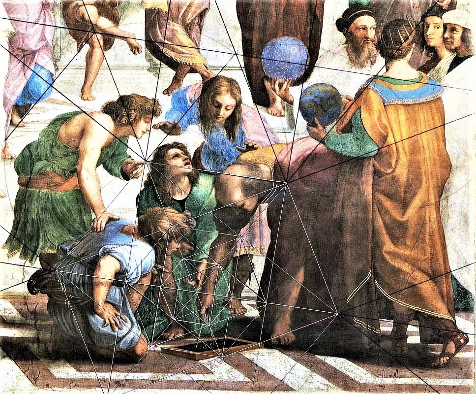 A classical painting depicting a religious scene with multiple figures, some holding globes representing celestial bodies, engaging in conversation or observation.
