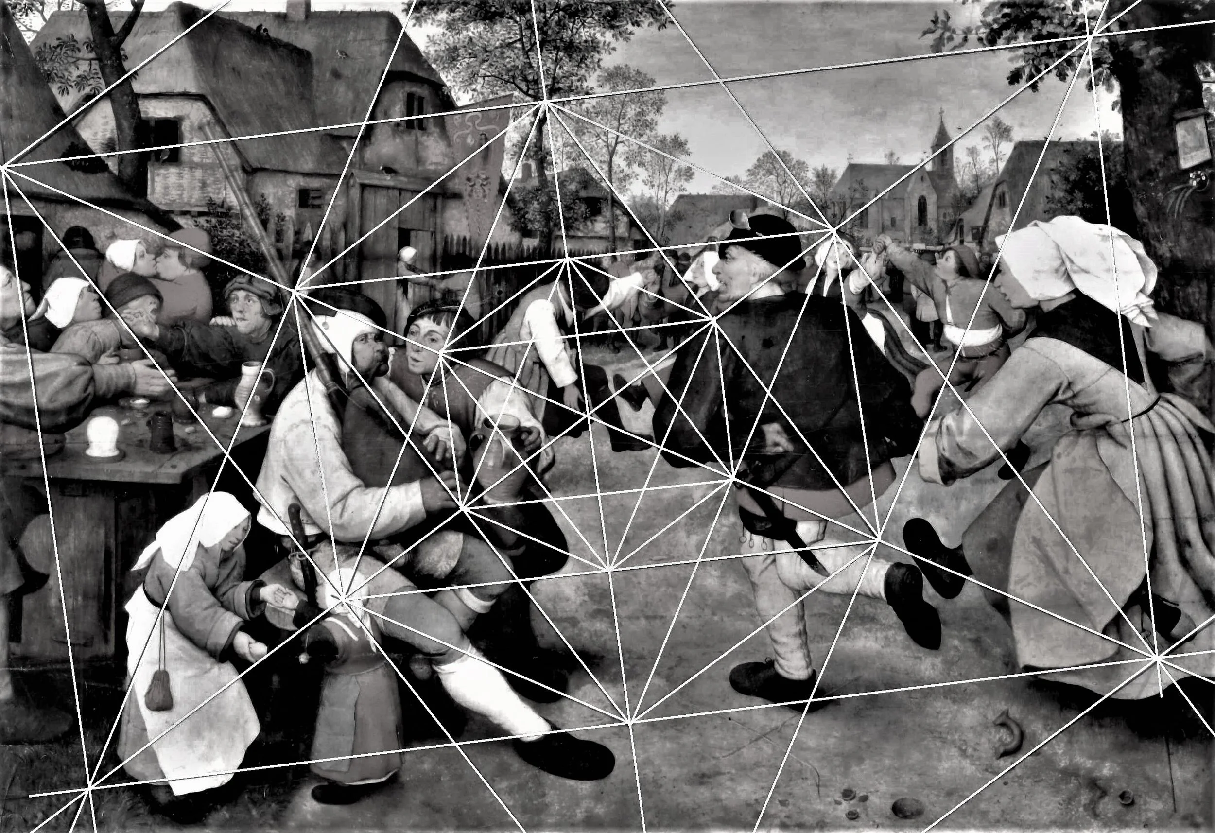 A black and white painting depicting a lively outdoor scene with children and adults dancing and socializing in a rural village setting, with trees and houses in the background.