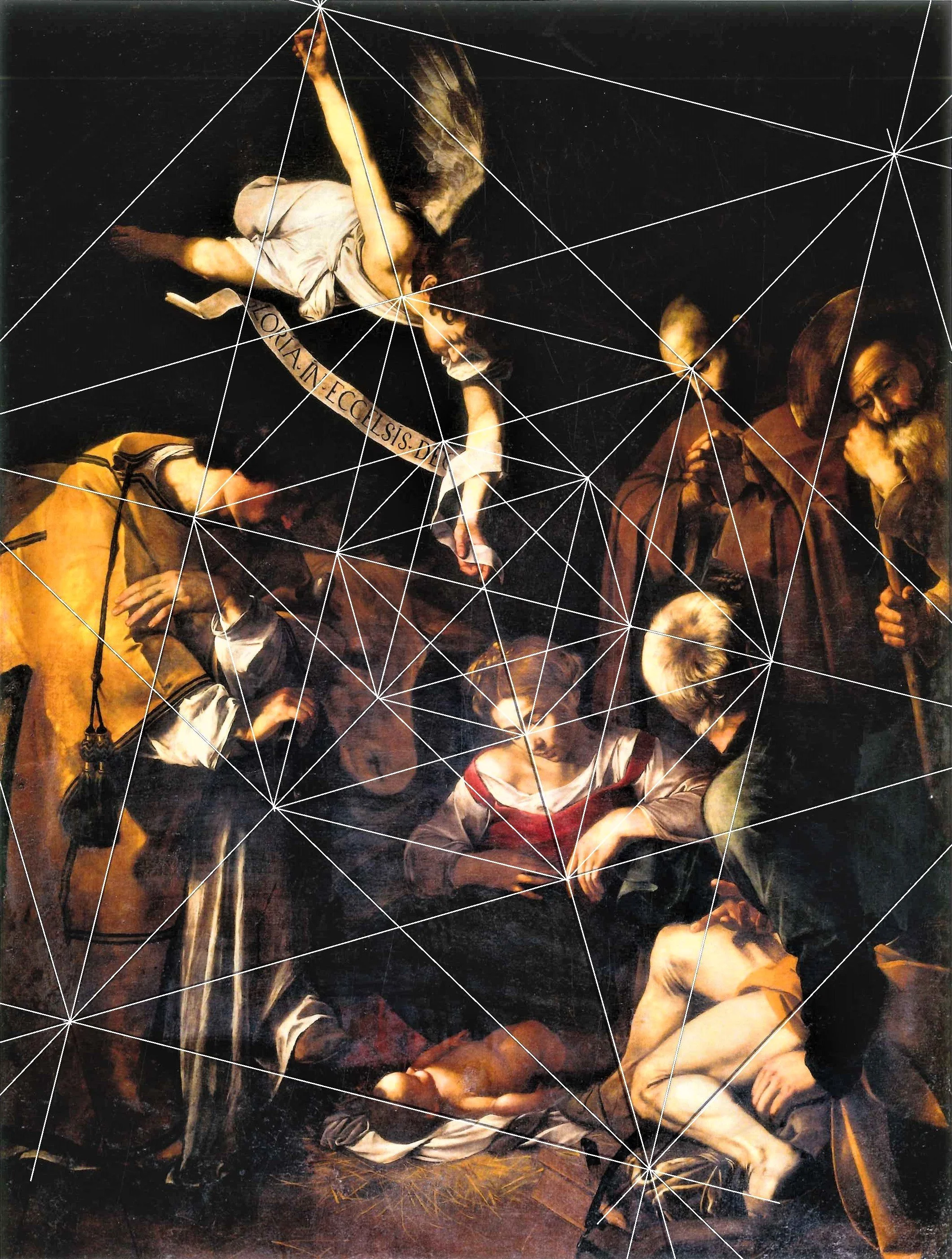 A classical painting depicting the biblical story of the resurrection of Lazarus, with figures gathered around Lazarus' grave, including an angel above and people observing him.