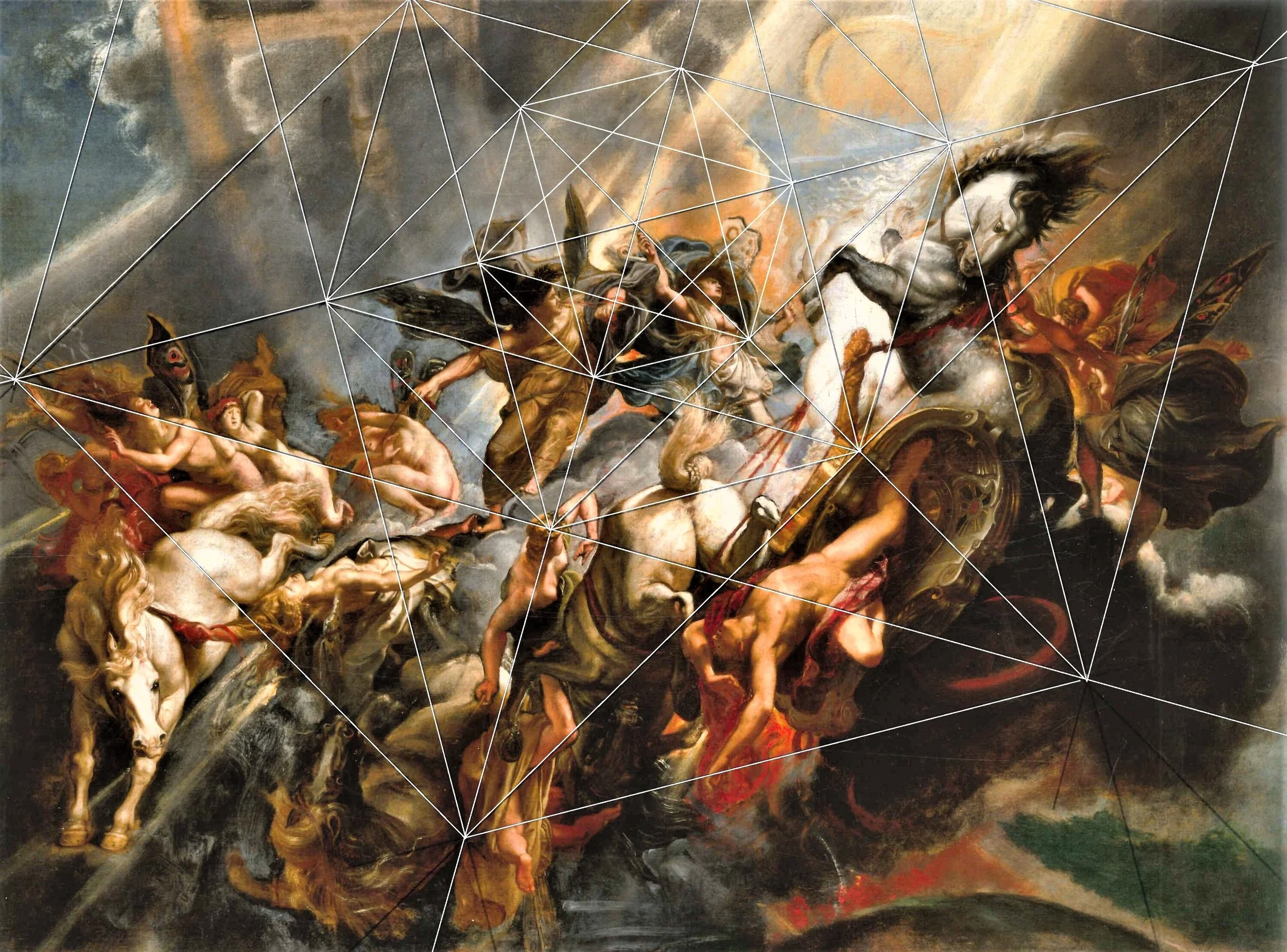 Baroque painting depicting a chariot pulled by horses, surrounded by mythological figures, with dynamic movement and dramatic light.