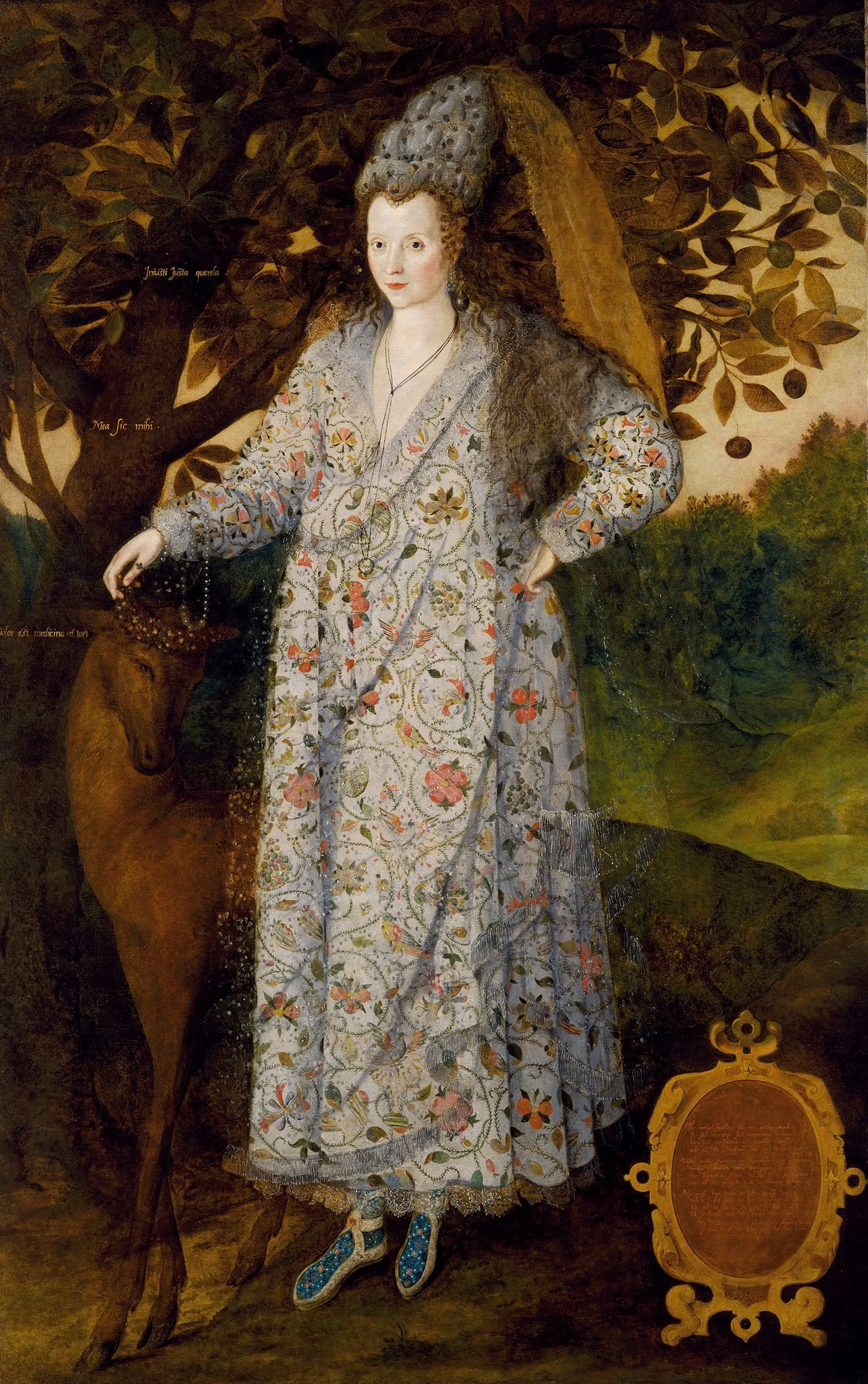 A historical portrait of a woman in elaborate clothing standing outdoors beside a deer under a tree.