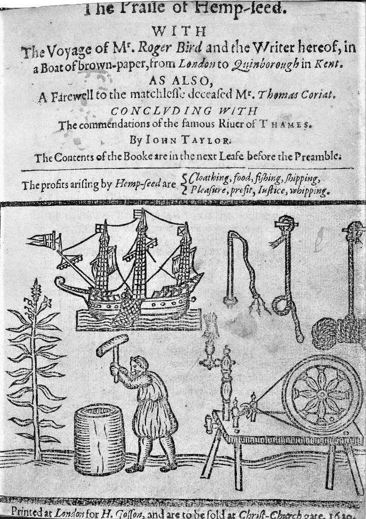 A historical illustration depicting a ship, a tree, a person hitting a barrel with a club, and various mechanical devices, in a black and white print with text about hemp-plant and its uses.