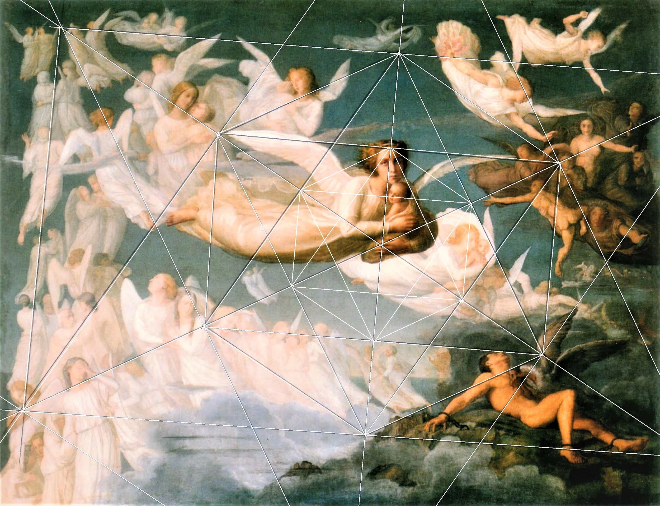 A classical painting depicting a scene with angels, a woman, and a mythical creature, overlaid with a network of white lines connecting various points across the image.