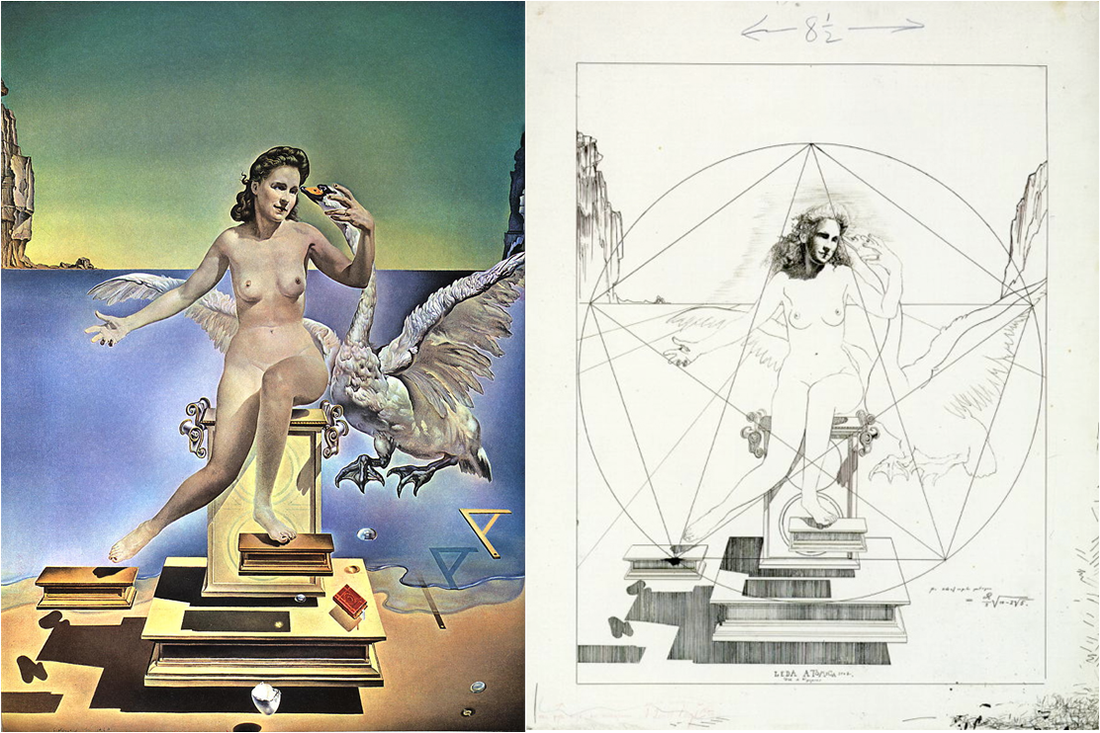 A surrealist artwork featuring a nude woman with wings sitting on a stacked platform with books and objects, a flying bird, and geometric shapes, with a landscape background. Next to it is a sketch of the same composition with construction lines, geometric guides, and rough details.