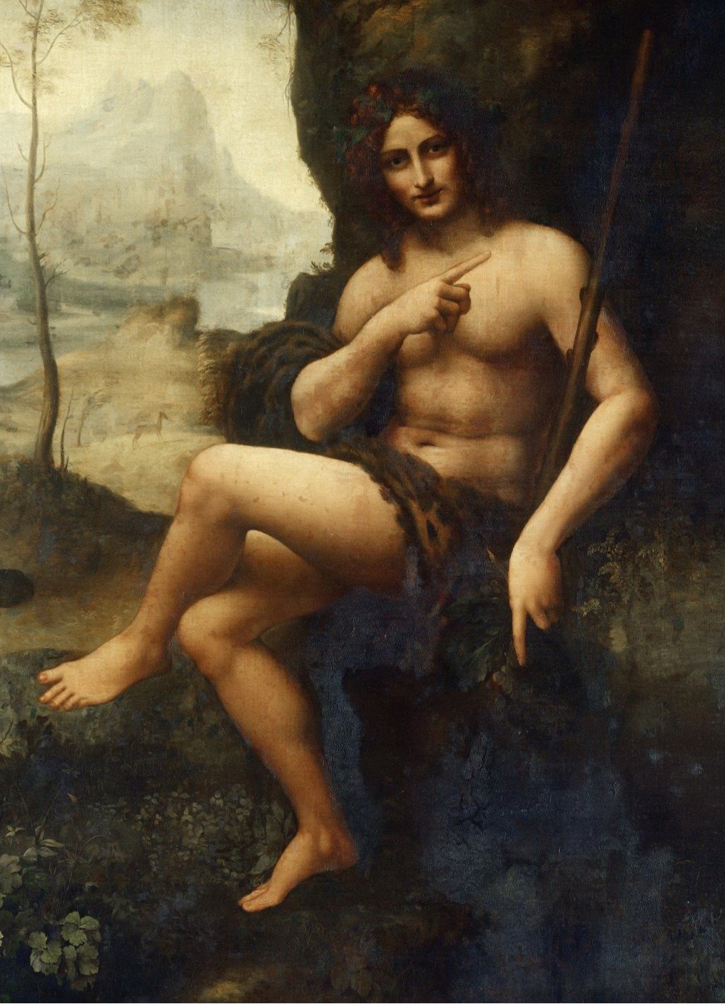 A classical painting of a woman with curly hair and a floral wreath, sitting outdoors with a landscape in the background, partially draped in a fur or animal skin, pointing with her right hand.