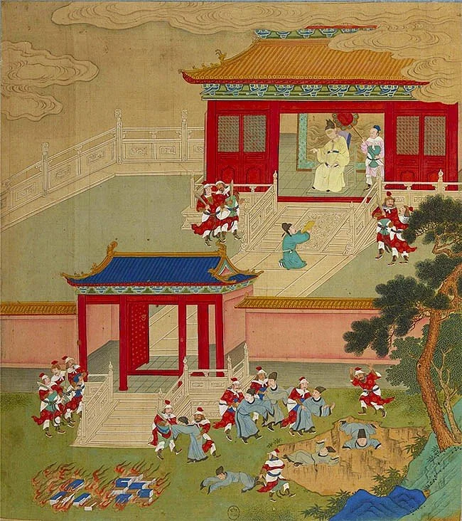 A traditional Chinese painting depicting a scene of officials and soldiers outside a palace, with some figures engaging in various activities and others lying on the ground.