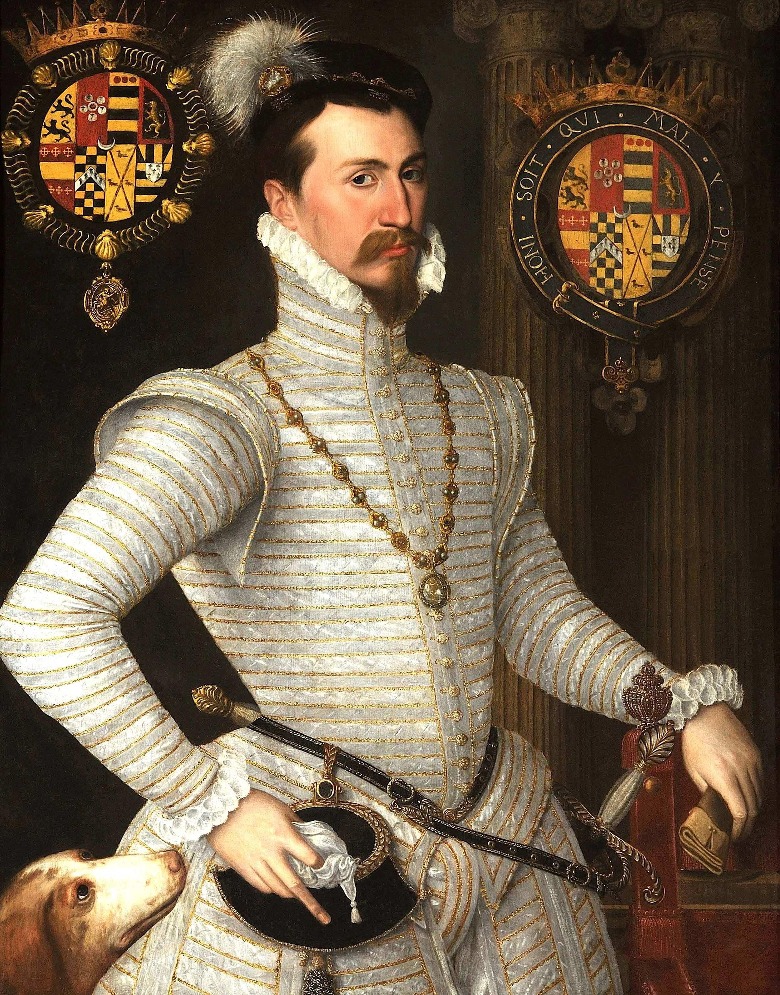 A historical portrait of a regal man in a white and gold embroidered outfit with armor accents, wearing a chain necklace, with a feathered hat, standing with a dog at his side, and two coats of arms in the background.