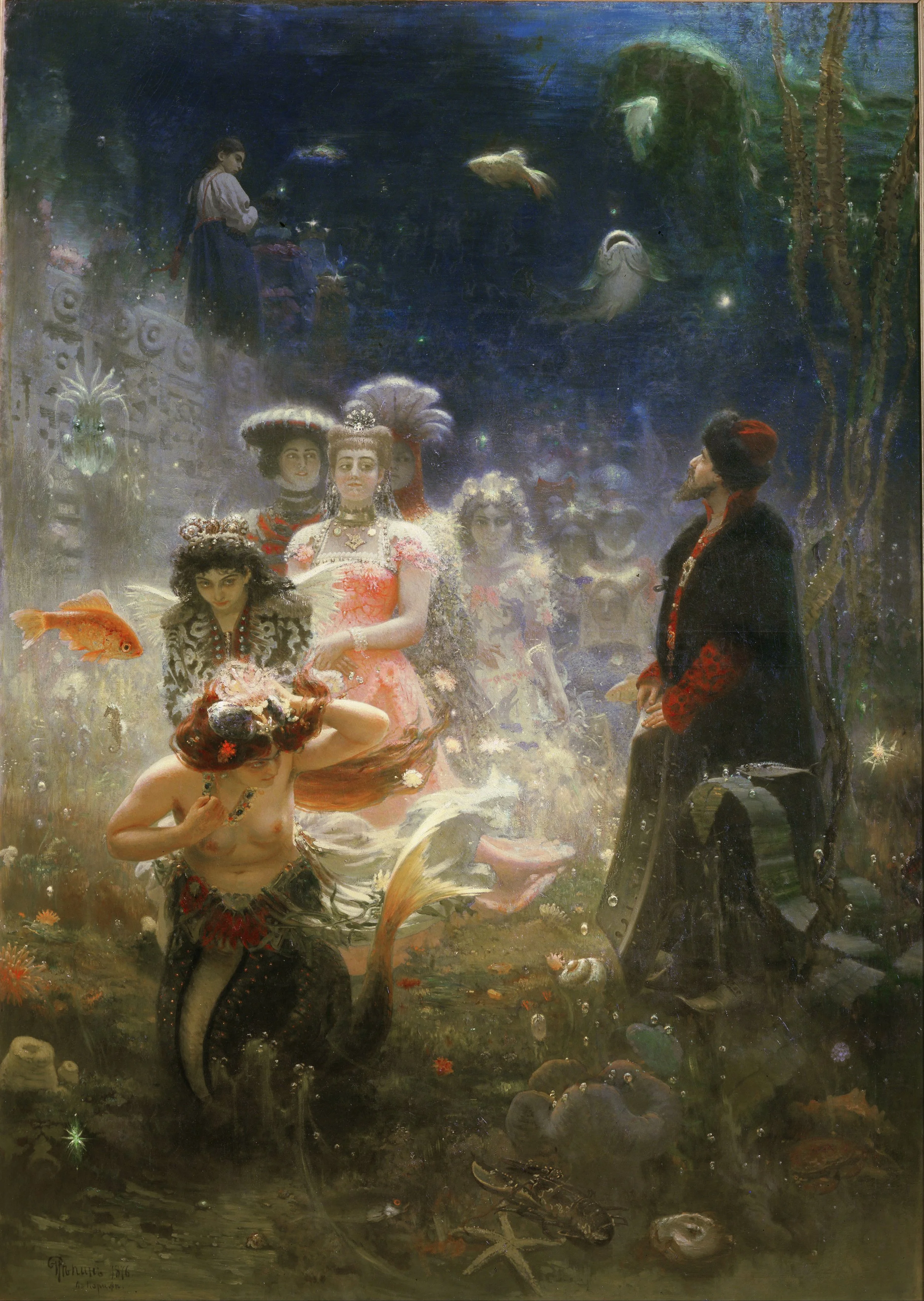 A fantasy painting of a group of women dressed in elaborate, historical costumes, with a man in traditional attire, set in a magical, dreamlike outdoor scene filled with fish, underwater creatures, and mystical elements.