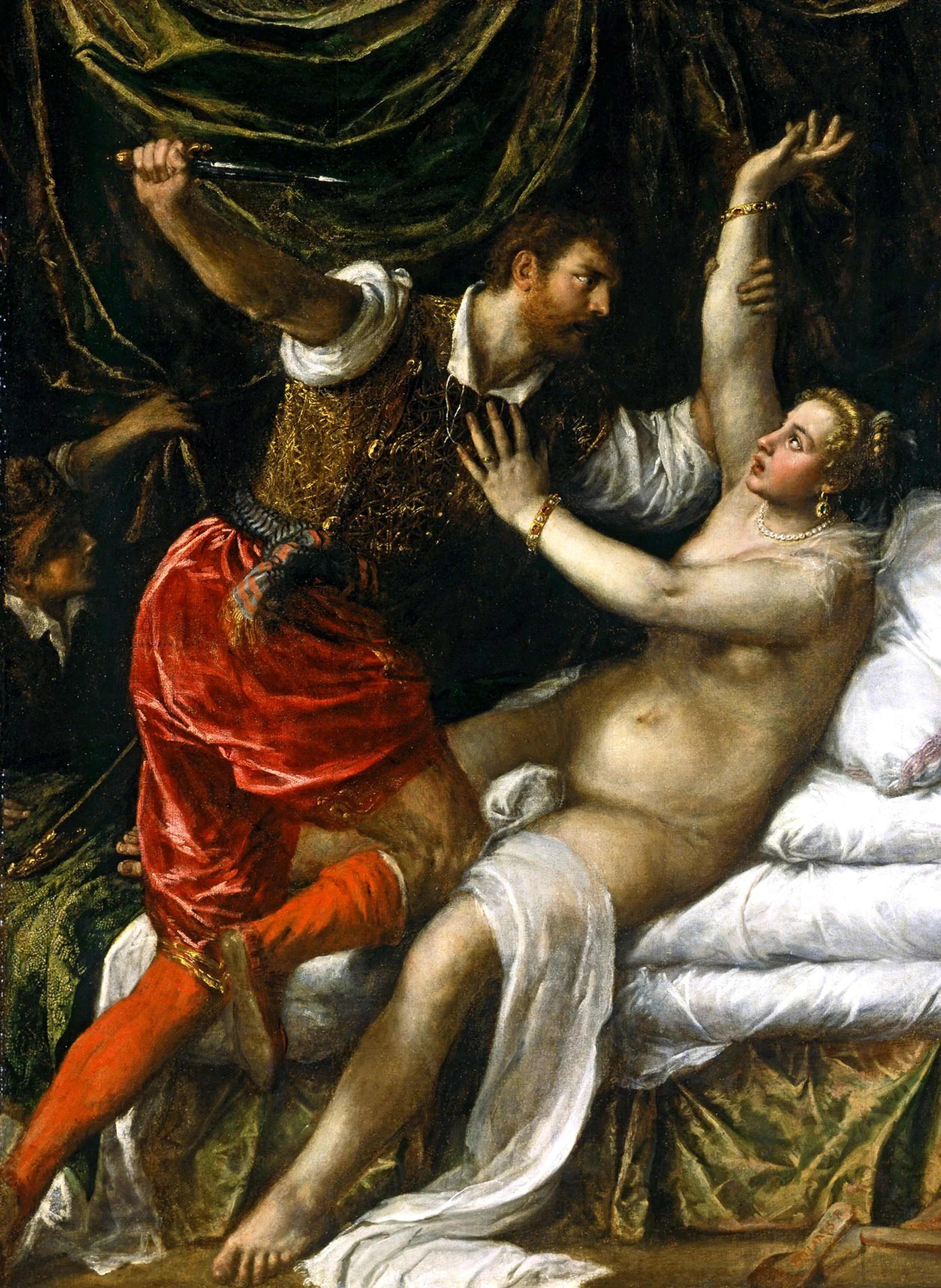 A painting depicting a dramatic scene with a man wielding a sword over a woman lying in bed. The woman appears to be in distress, and a young girl is in the background watching.