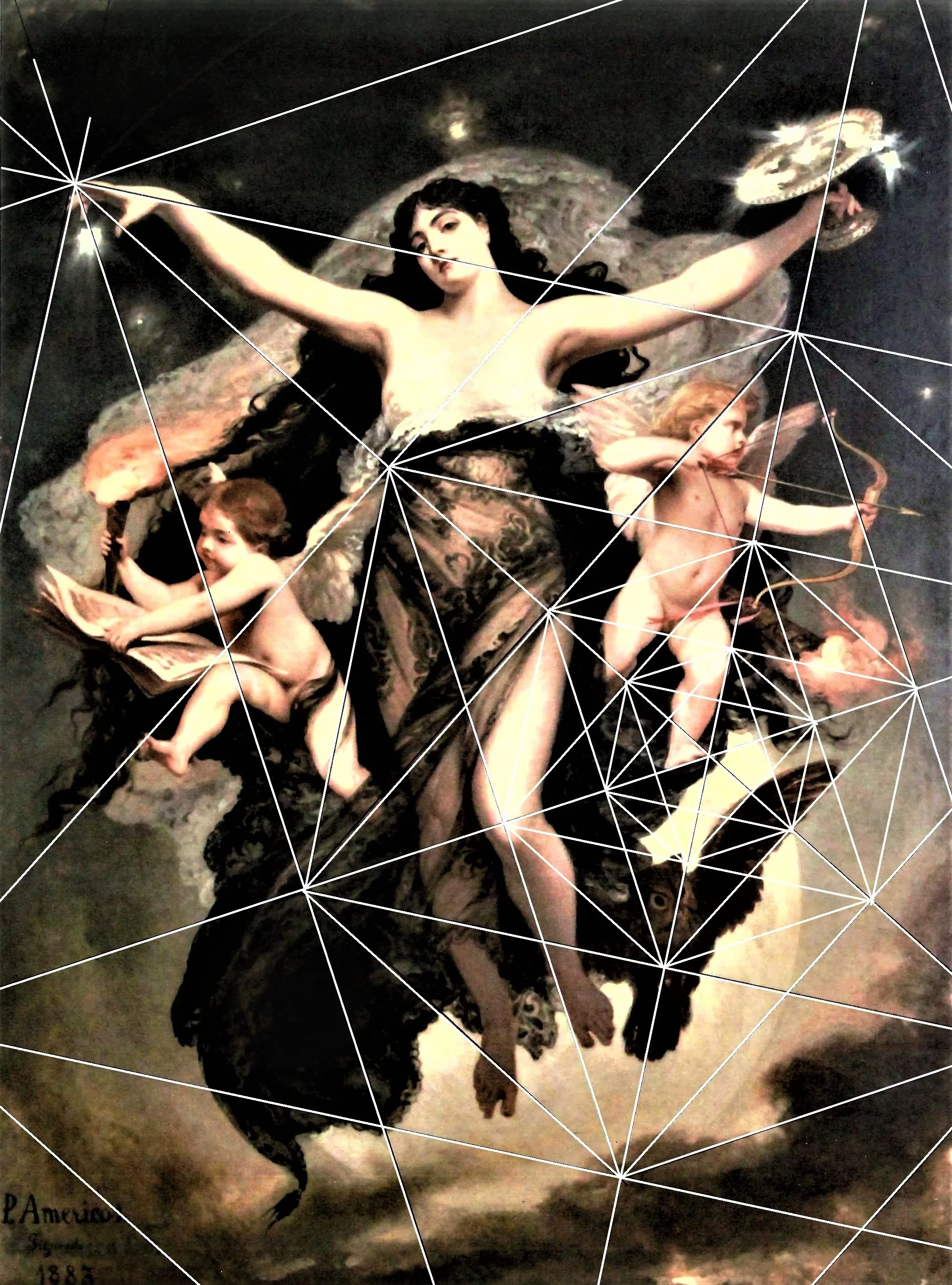 Painting of a woman with long dark hair and a flowing dress, surrounded by two cherubs, one with a bow and arrow, and the other with a book, set against a dark background.