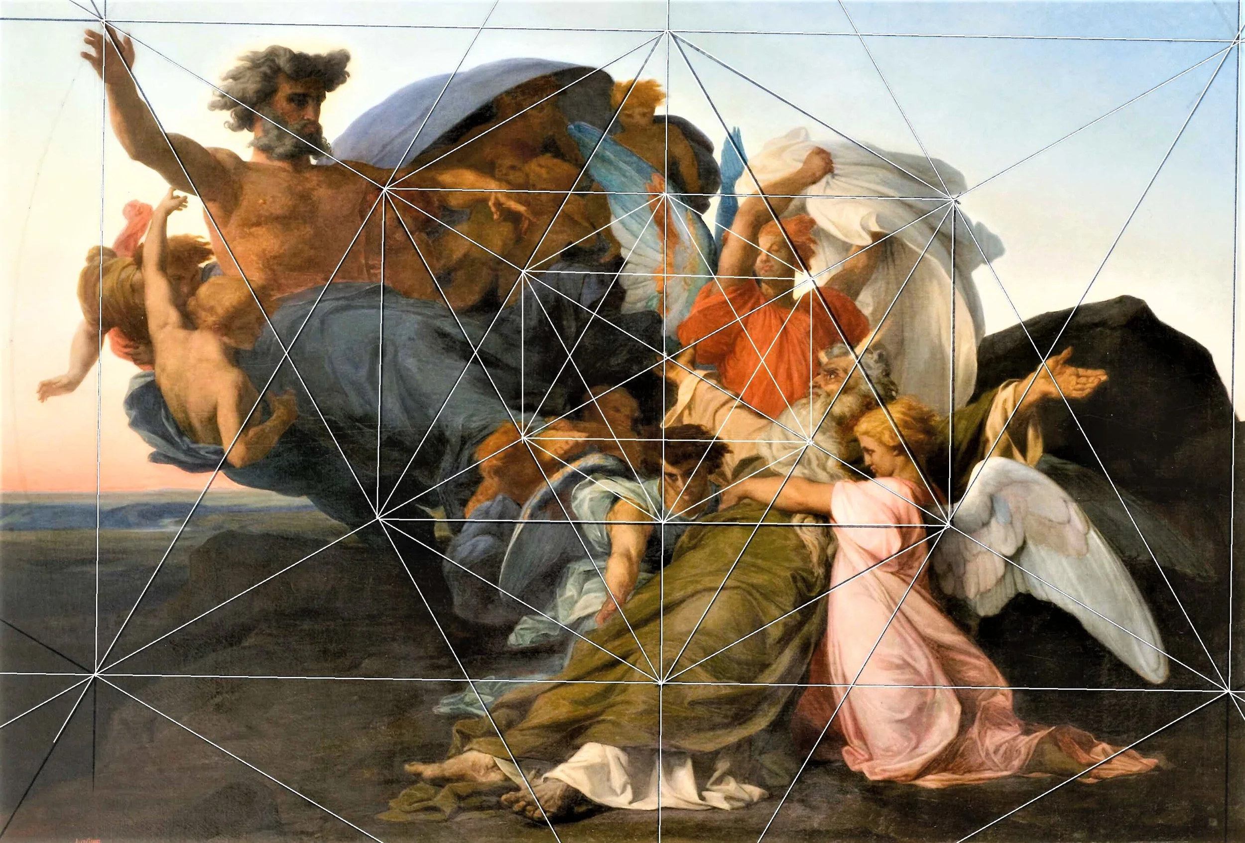 A classical religious painting depicting Jesus Christ surrounded by various figures, including angels and people, with a sky background and a horizon line.